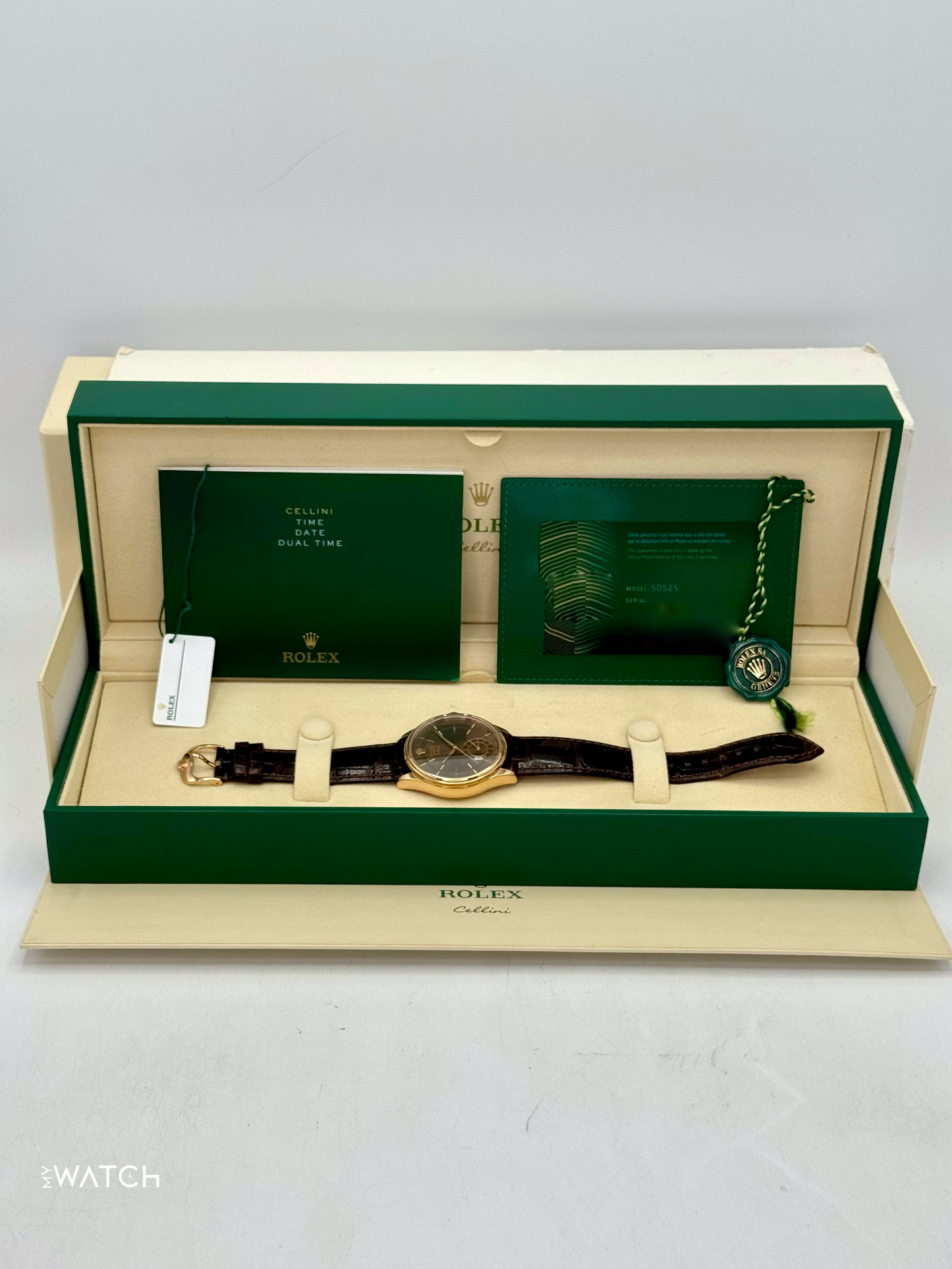 2020 Rolex Cellini Dual Time 39mm 50525 Rose Gold Brown Dial