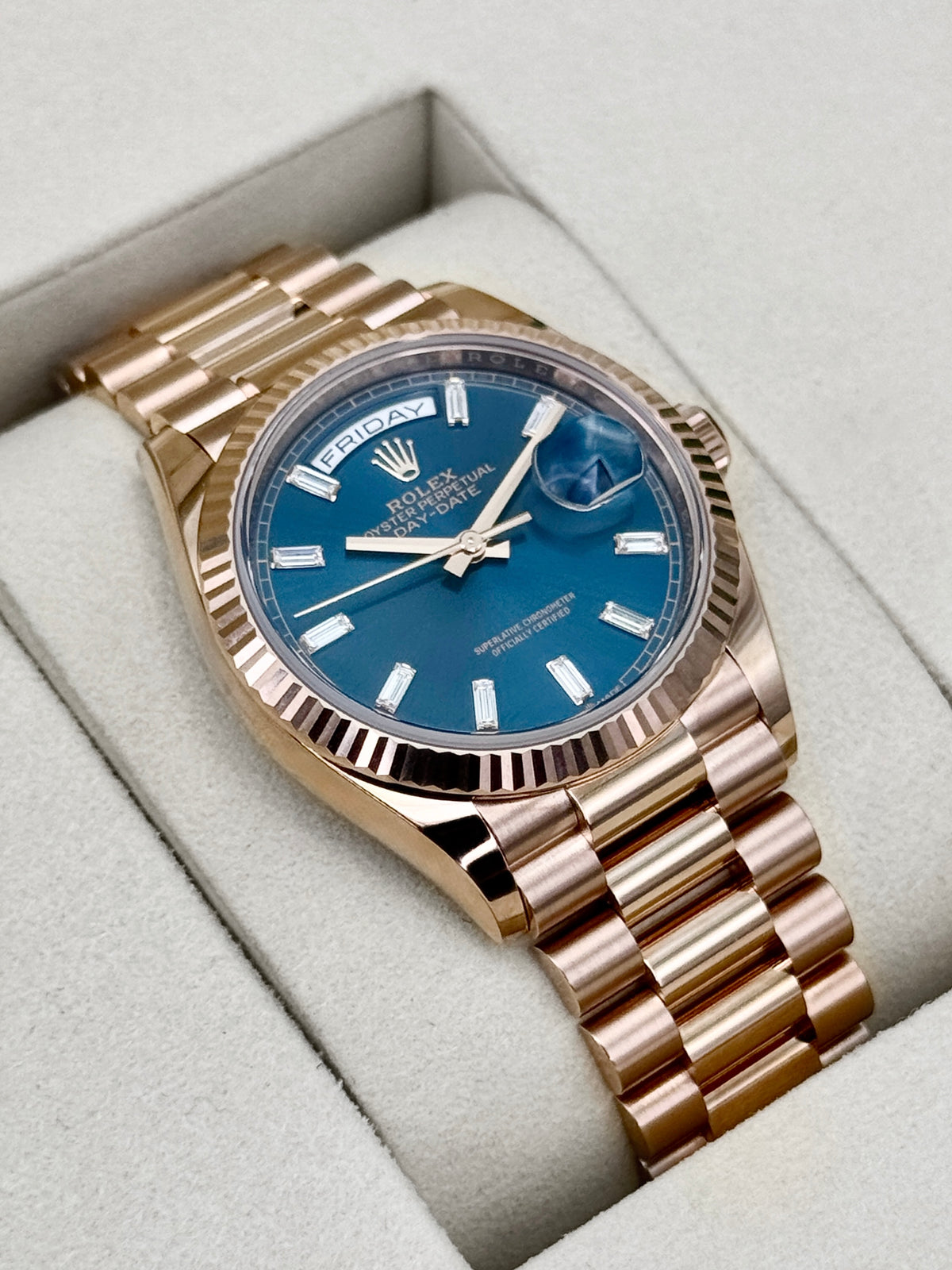 NEW 2026 Rolex Day-Date 36mm 128235 Presidential Rose Gold Blue Baguette Dial