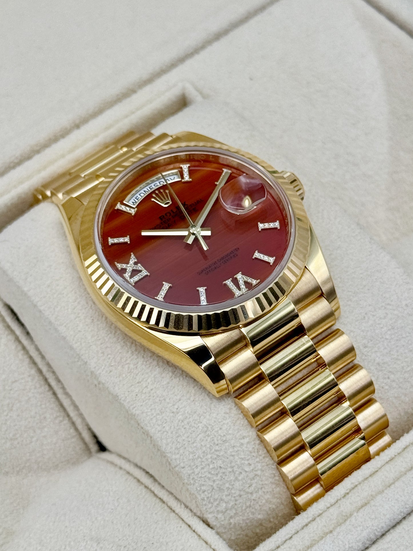 Rolex Day-Date 36mm 128238 Presidential Carnelian Diamond Dial