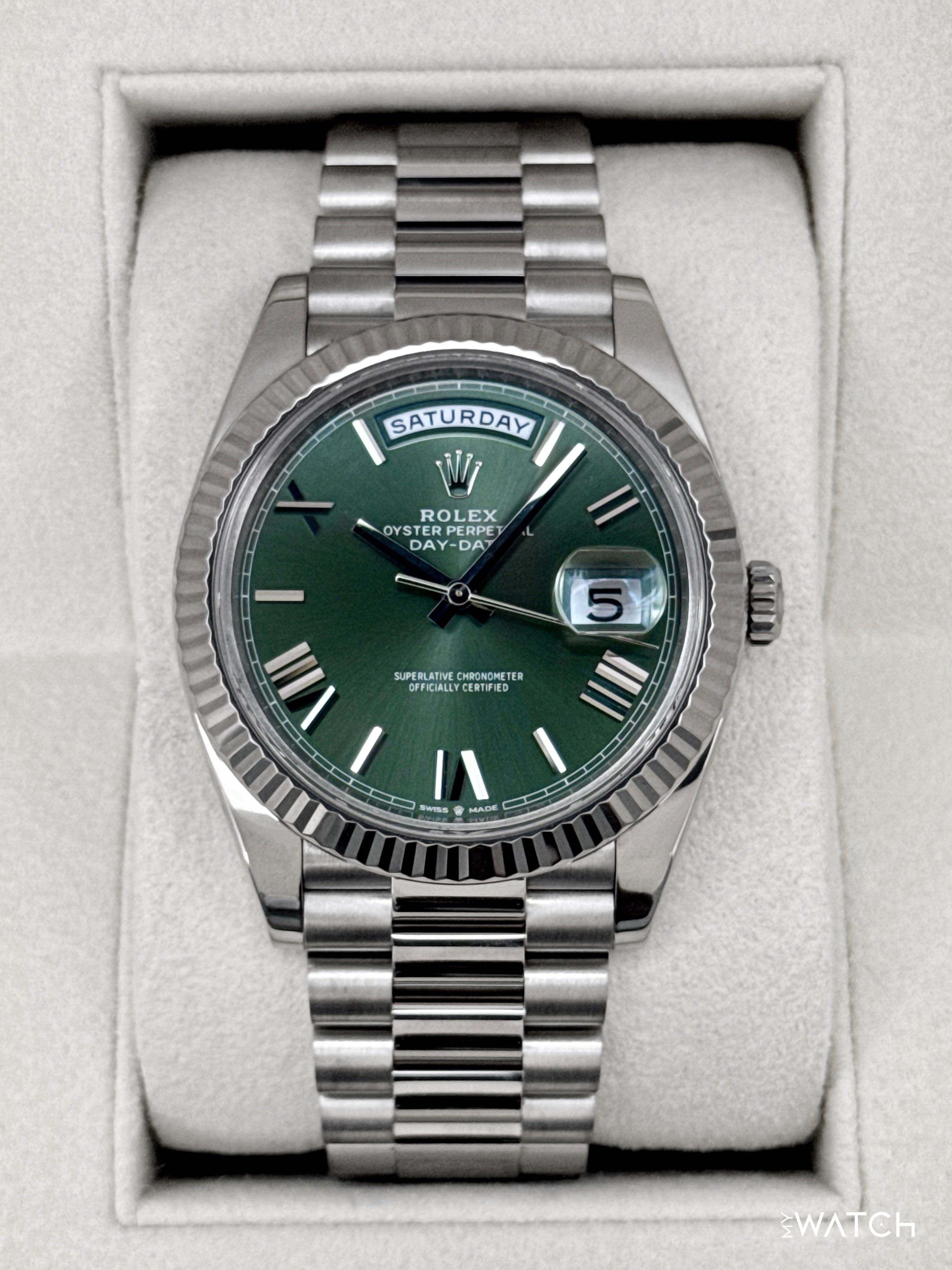2022 Rolex Day-Date 40mm 228239 Presidential 18kt White Gold Olive Dia