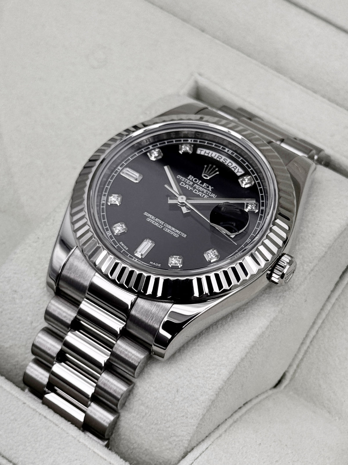 2011 Rolex Day-Date II 41mm 218239 White Gold Presidential Black Diamond Dial (CPO)