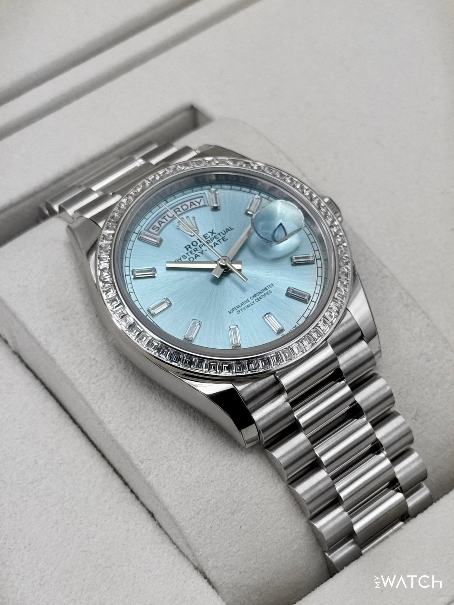 NEW 2025 Rolex Day-Date 36mm 128396TBR Ice Blue Diamond Baguette Dial