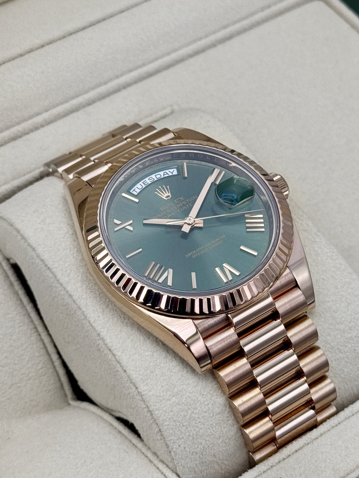 2021 Rolex Day-Date 40mm 228235 Presidential Rose Gold Olive Green Dial