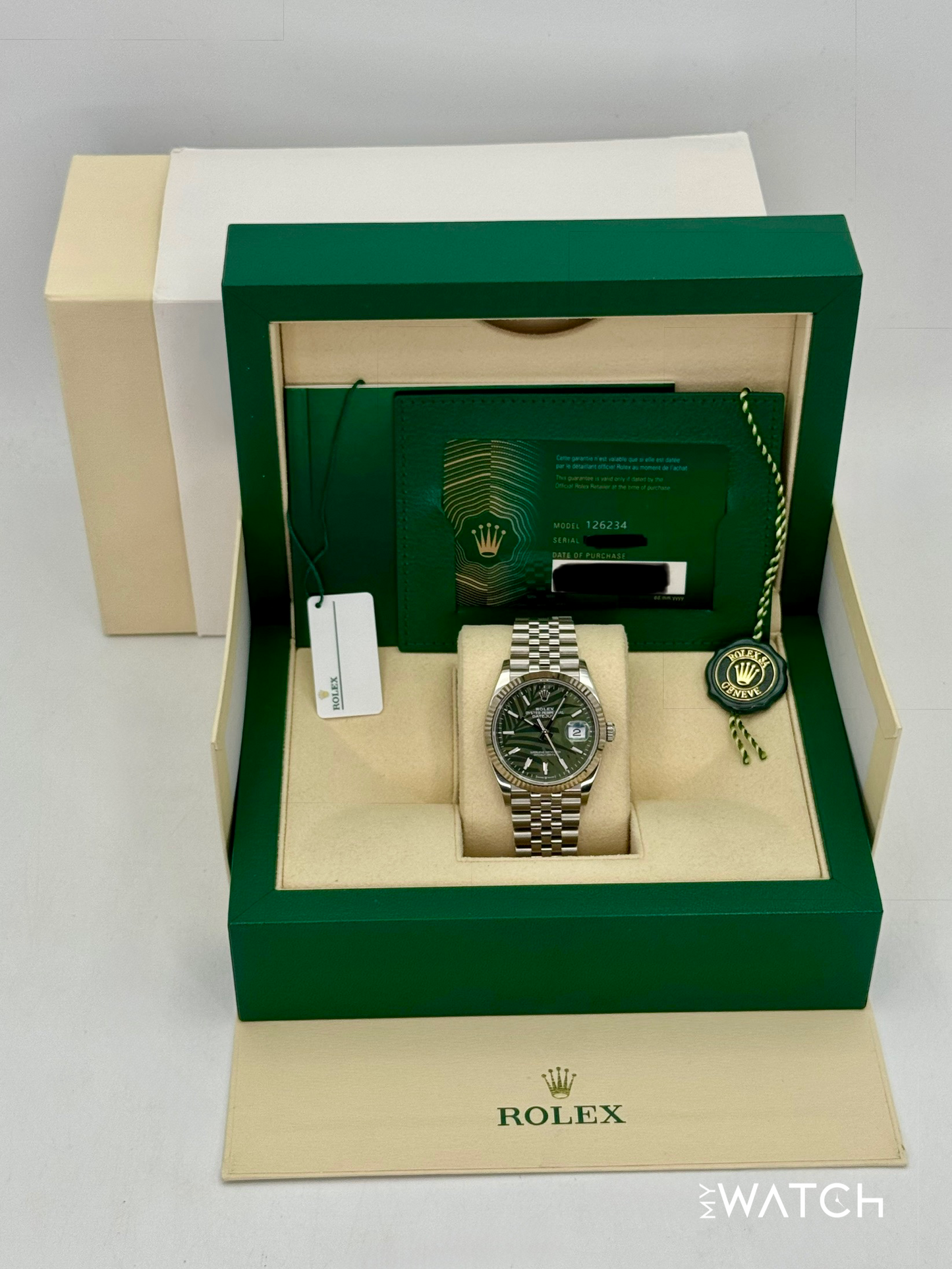 2023 Rolex Datejust 36mm 126234 Stainless Steel Jubilee Green Palm Motif Dial
