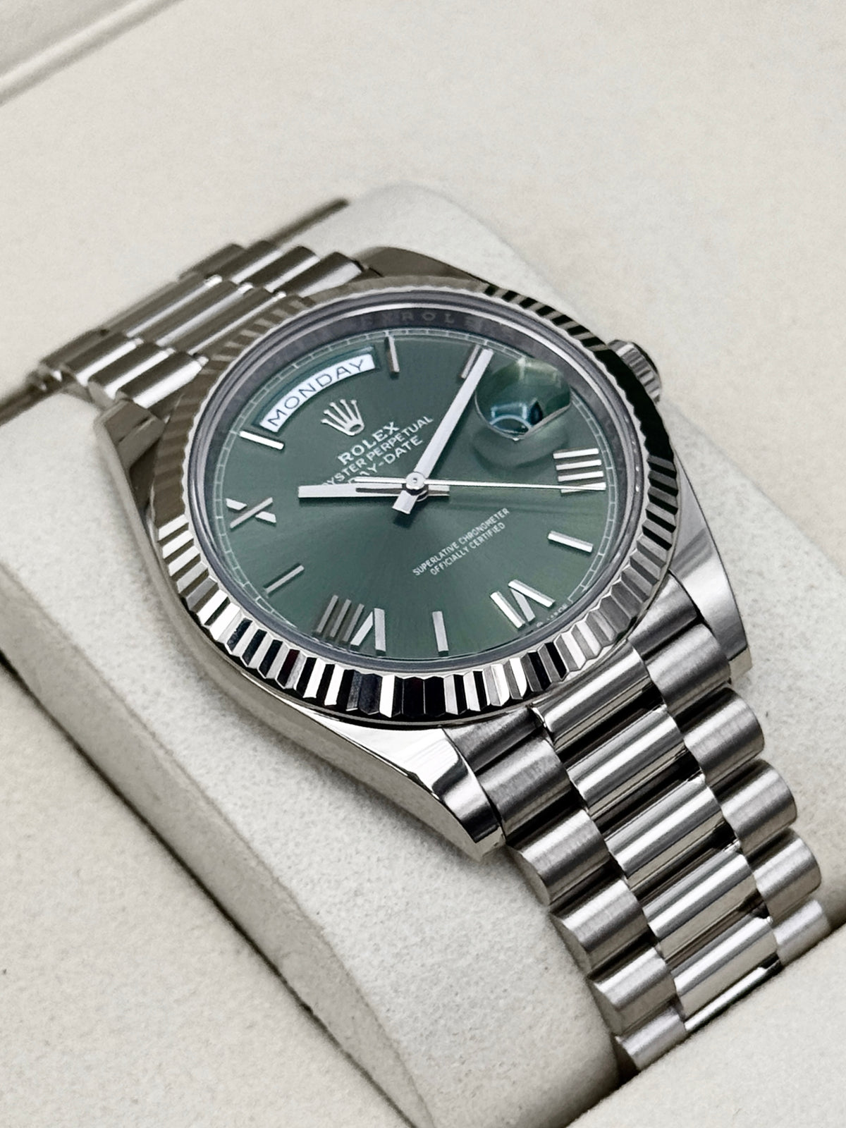 2025 Rolex Day-Date 40mm 228239 Presidential White Gold Olive Dial