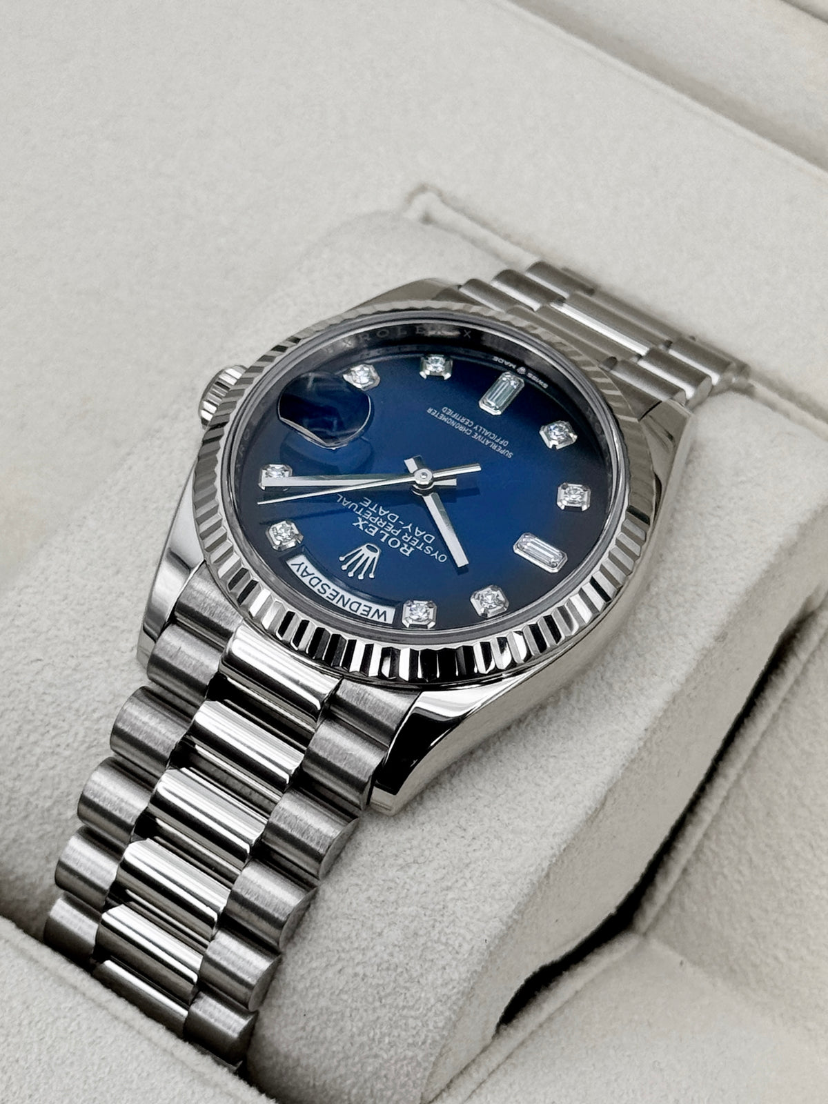 2024 Rolex Day-Date 36mm 128239 Presidential White Gold Blue Ombre Diamond Dial