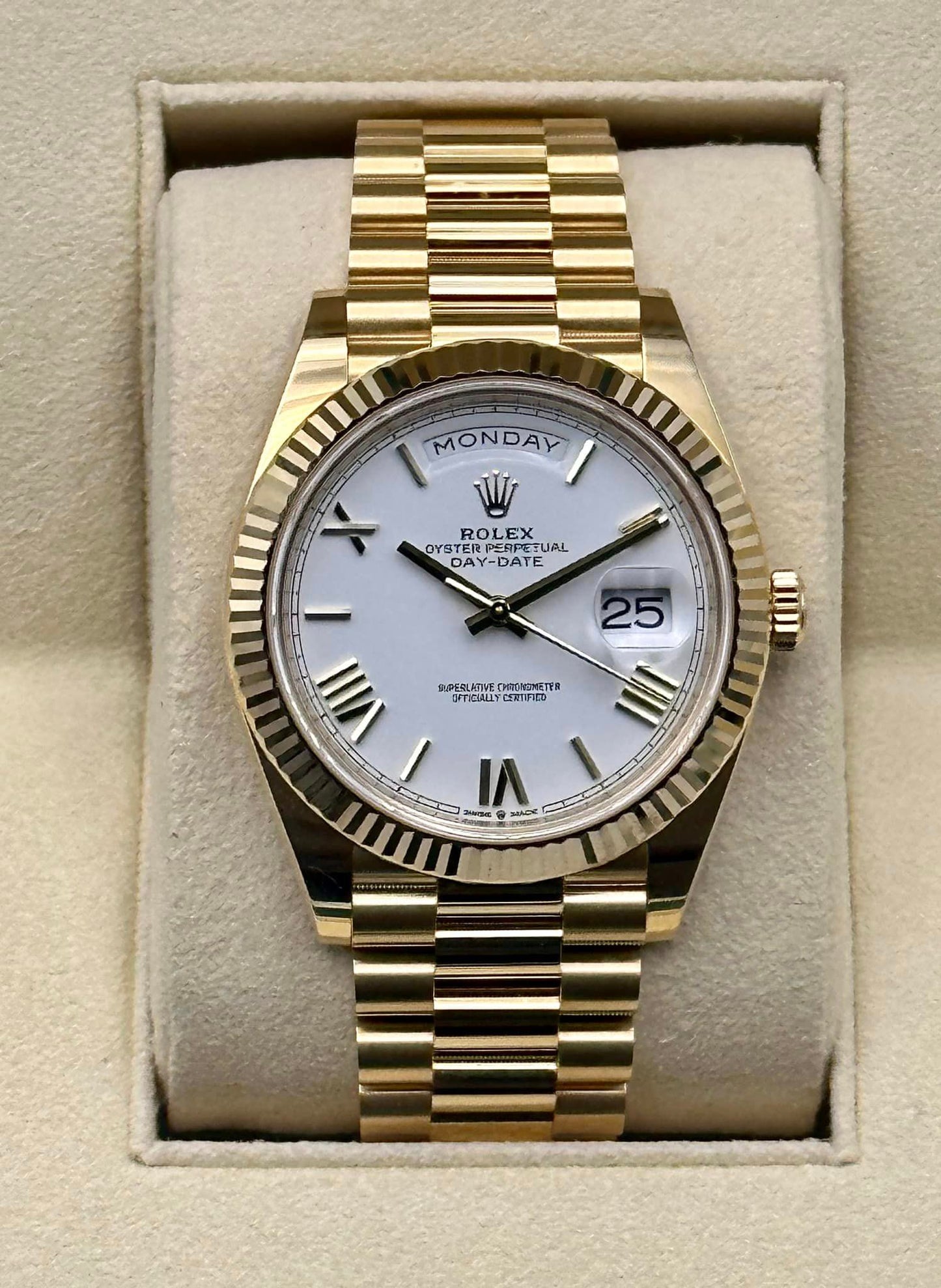 2019 Rolex Day-Date 40mm 228238 YG President White Roman Numeral Dial - MyWatchLLC