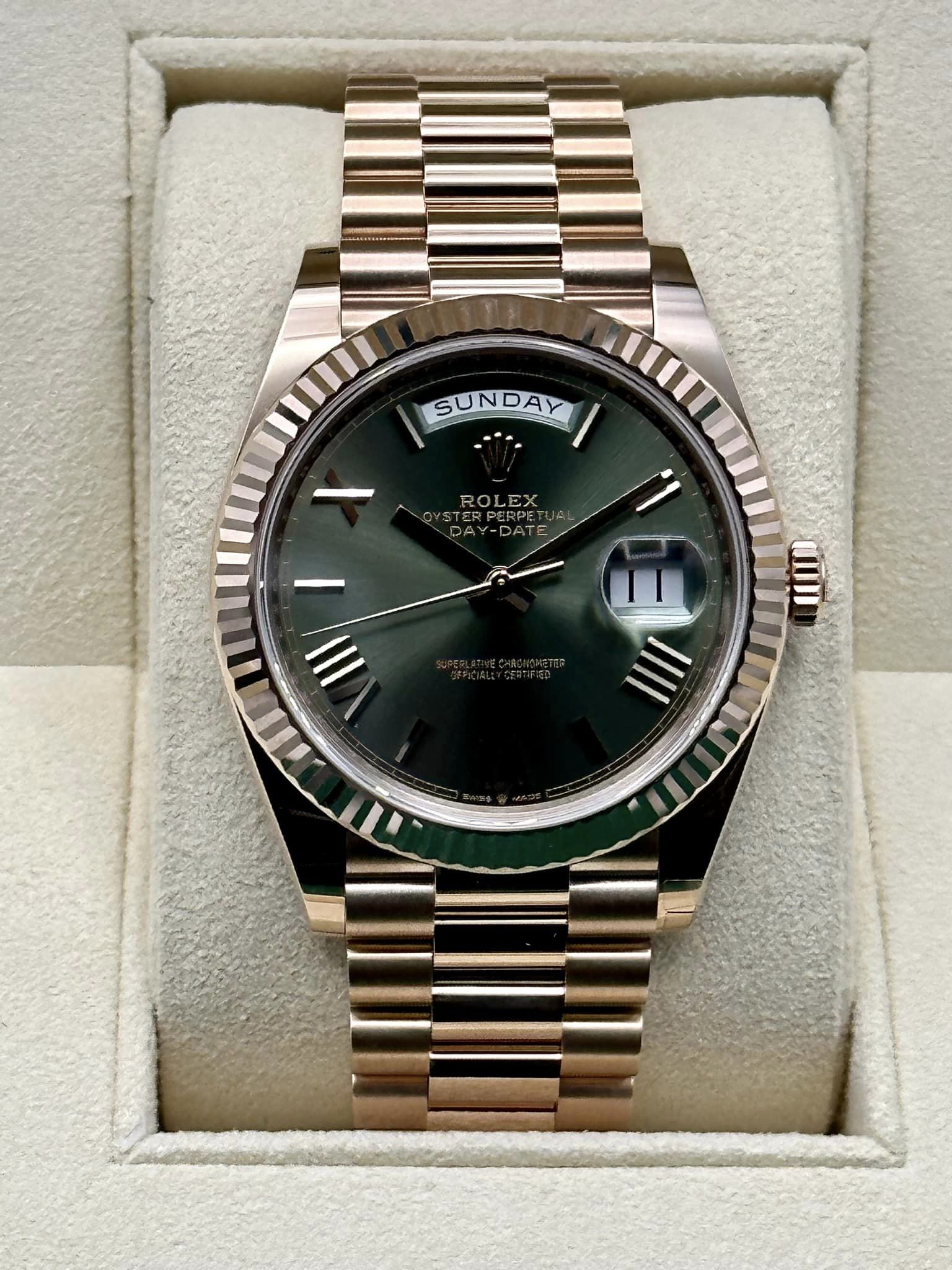 NEW 2020 Rolex Day-Date 40mm 228235 Rose Gold Green Roman Numerals - MyWatchLLC