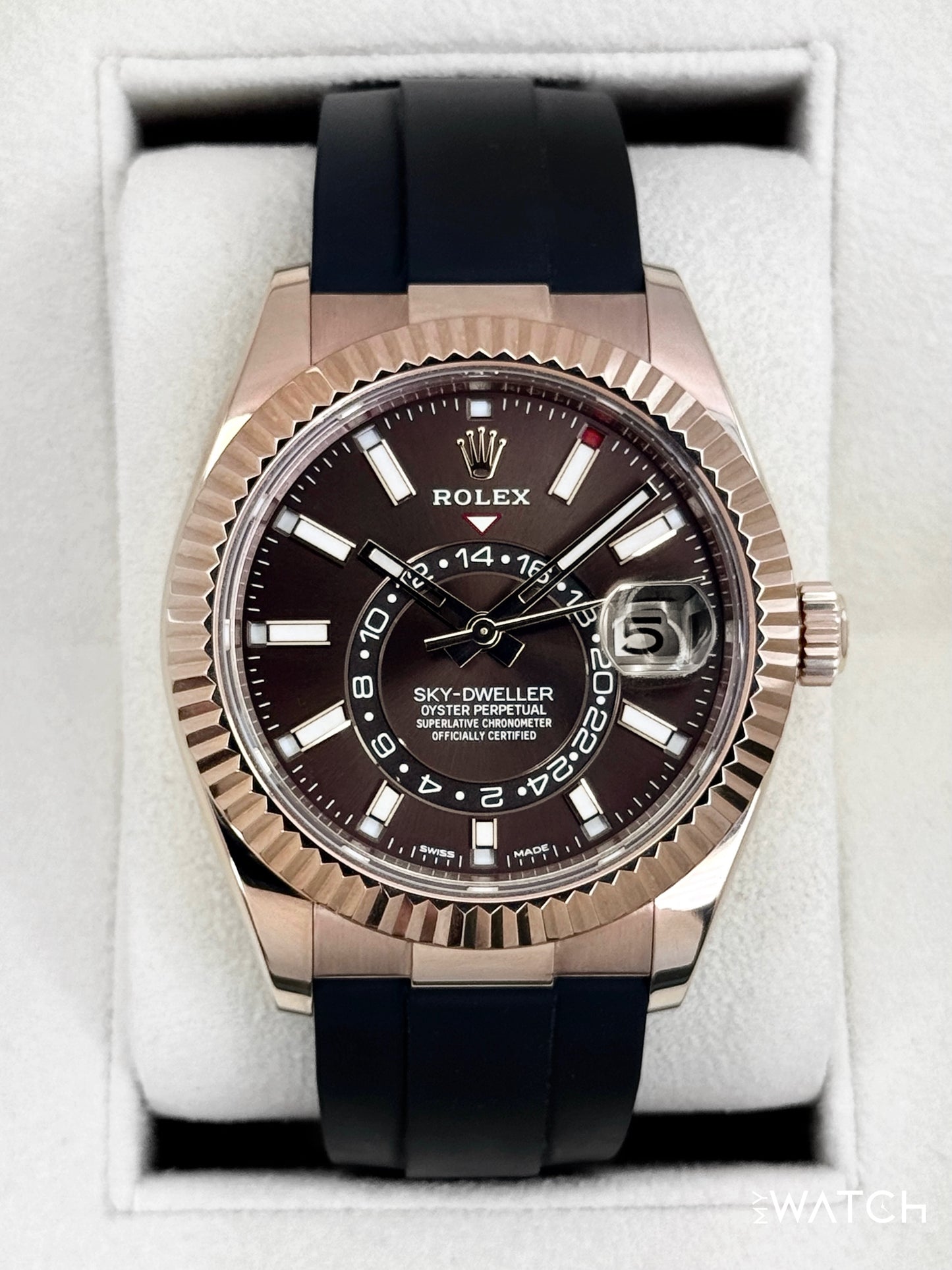 2025 CPO Rolex Sky-Dweller 42mm 326235 Rose Gold Oysterflex Chocolate Dial (CPO) - MyWatchLLC