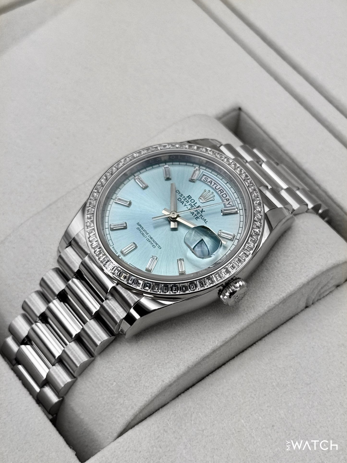 NEW 2025 Rolex Day-Date 36mm 128396TBR Ice Blue Diamond Baguette Dial