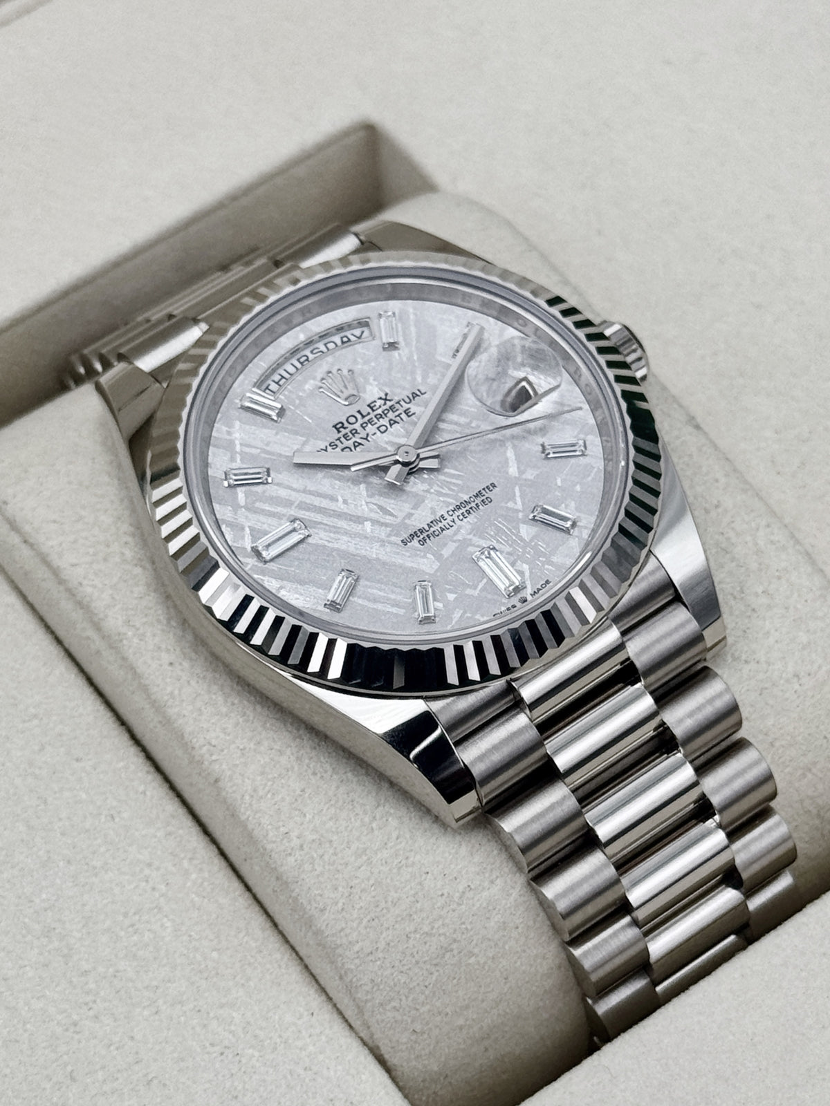 NEW 2026 Rolex Day-Date 40mm 228239 White Gold Meteorite Diamond Dial (NEW STYLE CARD)