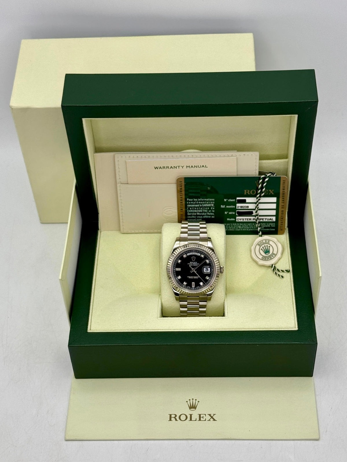 2011 Rolex Day-Date II 41mm 218239 White Gold Presidential Black Diamond Dial (CPO)