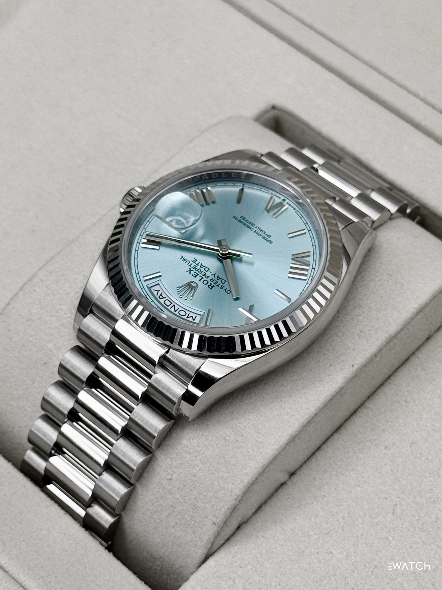 NEW 2026 Rolex Day-Date Platinum 36mm 128236 Ice Blue Roman Dial - MyWatchLLC