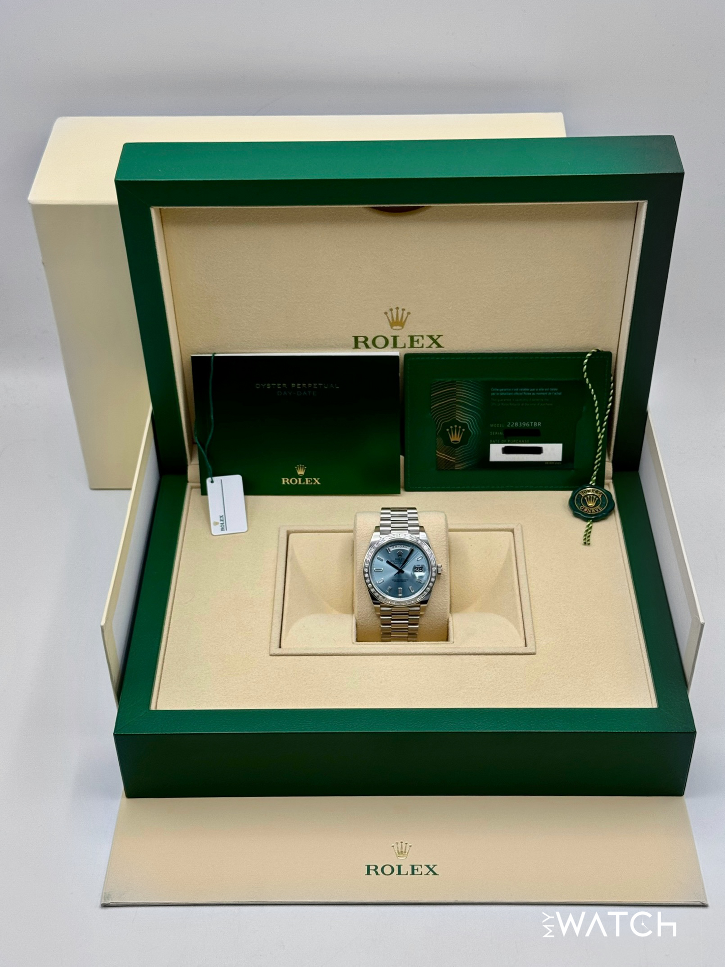 2023 Rolex Day-Date 40mm 228396TBR Ice Blue Diamond Baguette Dial - MyWatchLLC