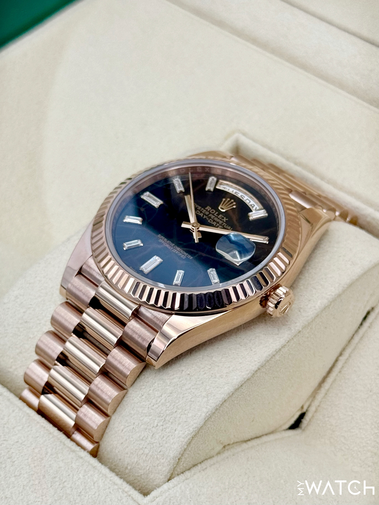 2022 Rolex Day-Date 40mm 228235 Rose Gold Eisenkiesal Baguette Dial
