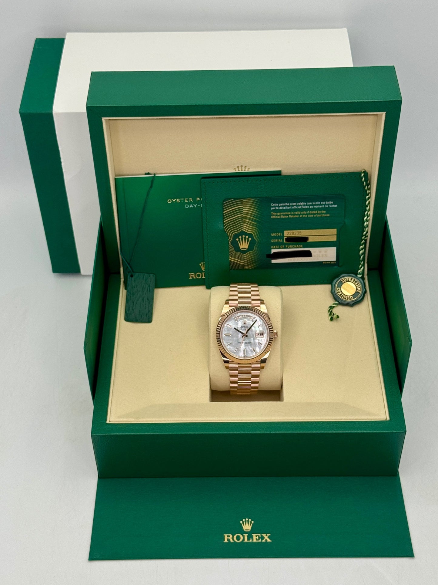 NEW 2026 Rolex Day-Date 40mm 228235 Presidential Rose Gold MOP Diamond Dial