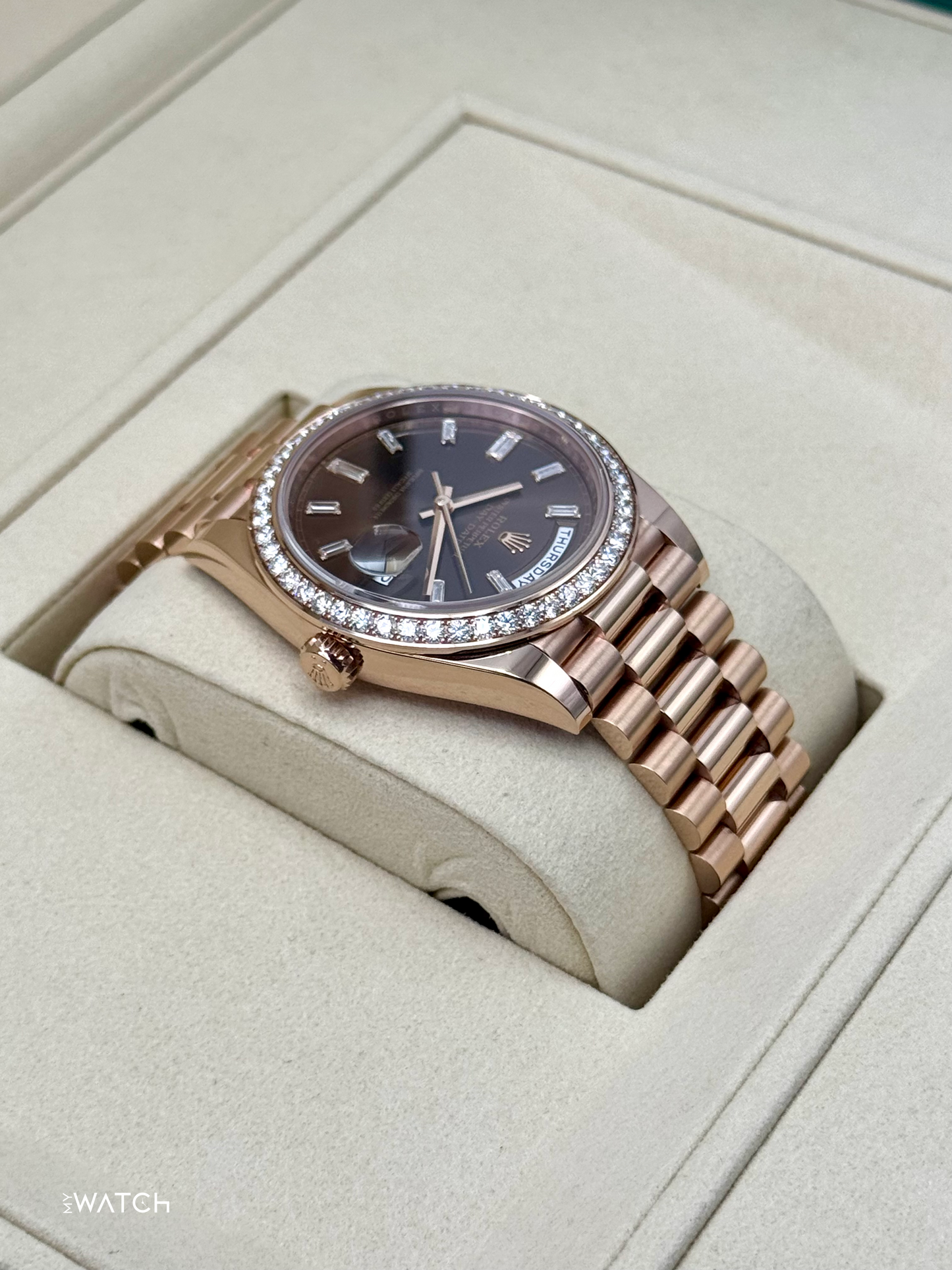 2025 Rolex Day-Date 40mm 228345RBR Rose Gold Chocolate Diamond Dial