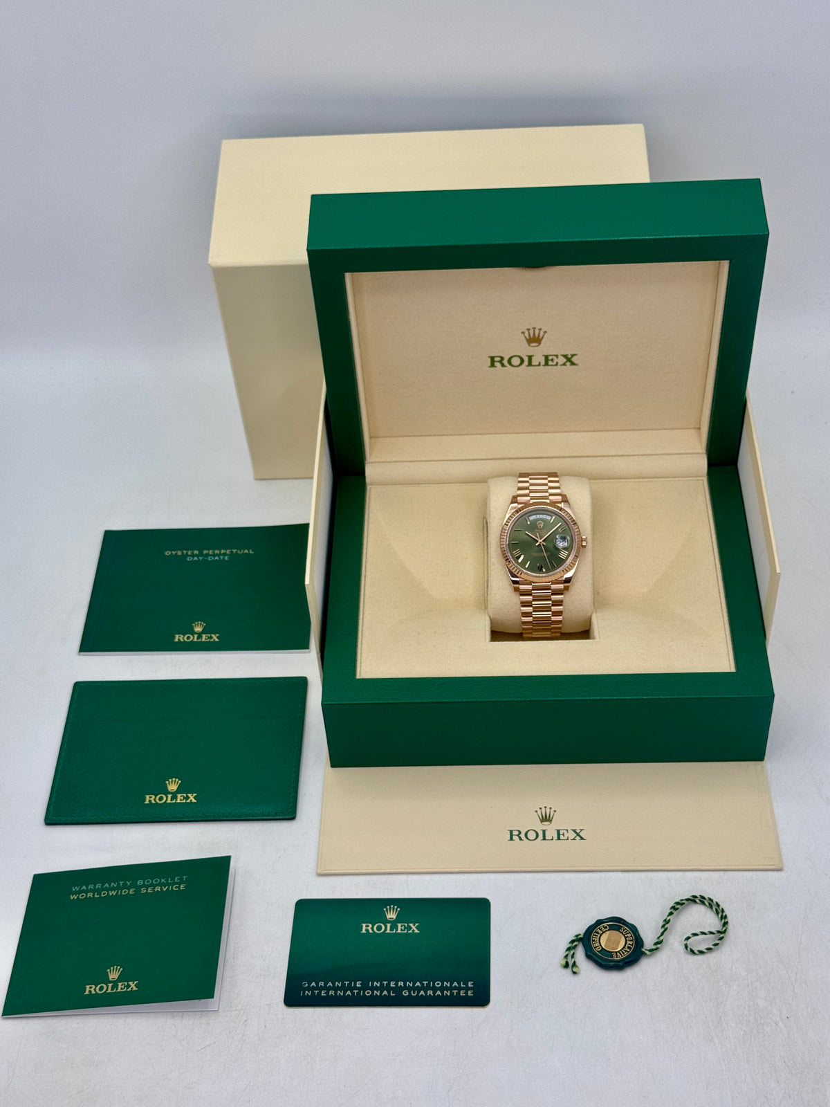 2021 Rolex Day-Date 40mm 228235 Presidential Rose Gold Olive Green Dial