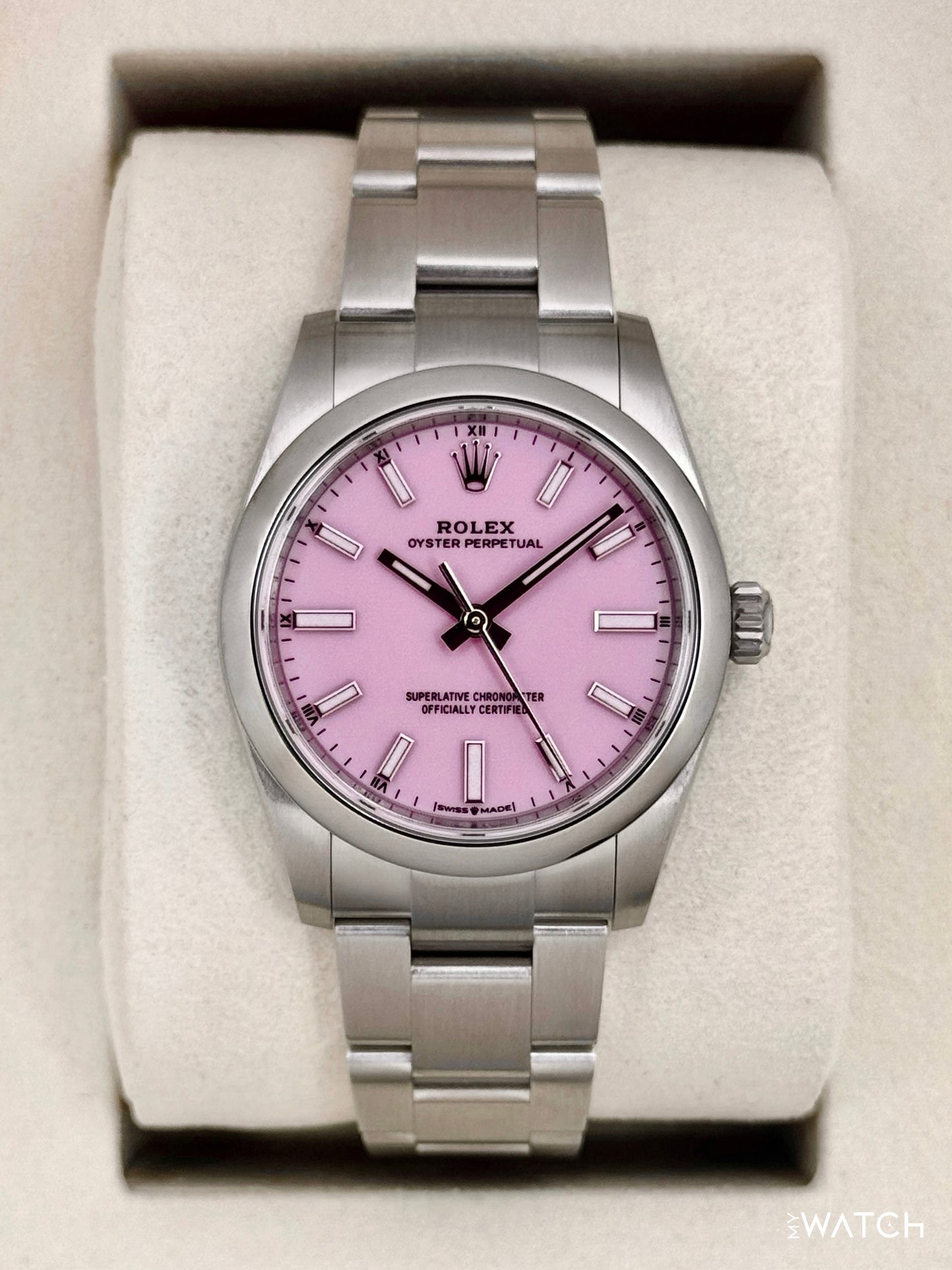 NEW 2025 Rolex Oyster Perpetual 34mm 124200 Stainless Steel Candy Pink Dial - MyWatchLLC