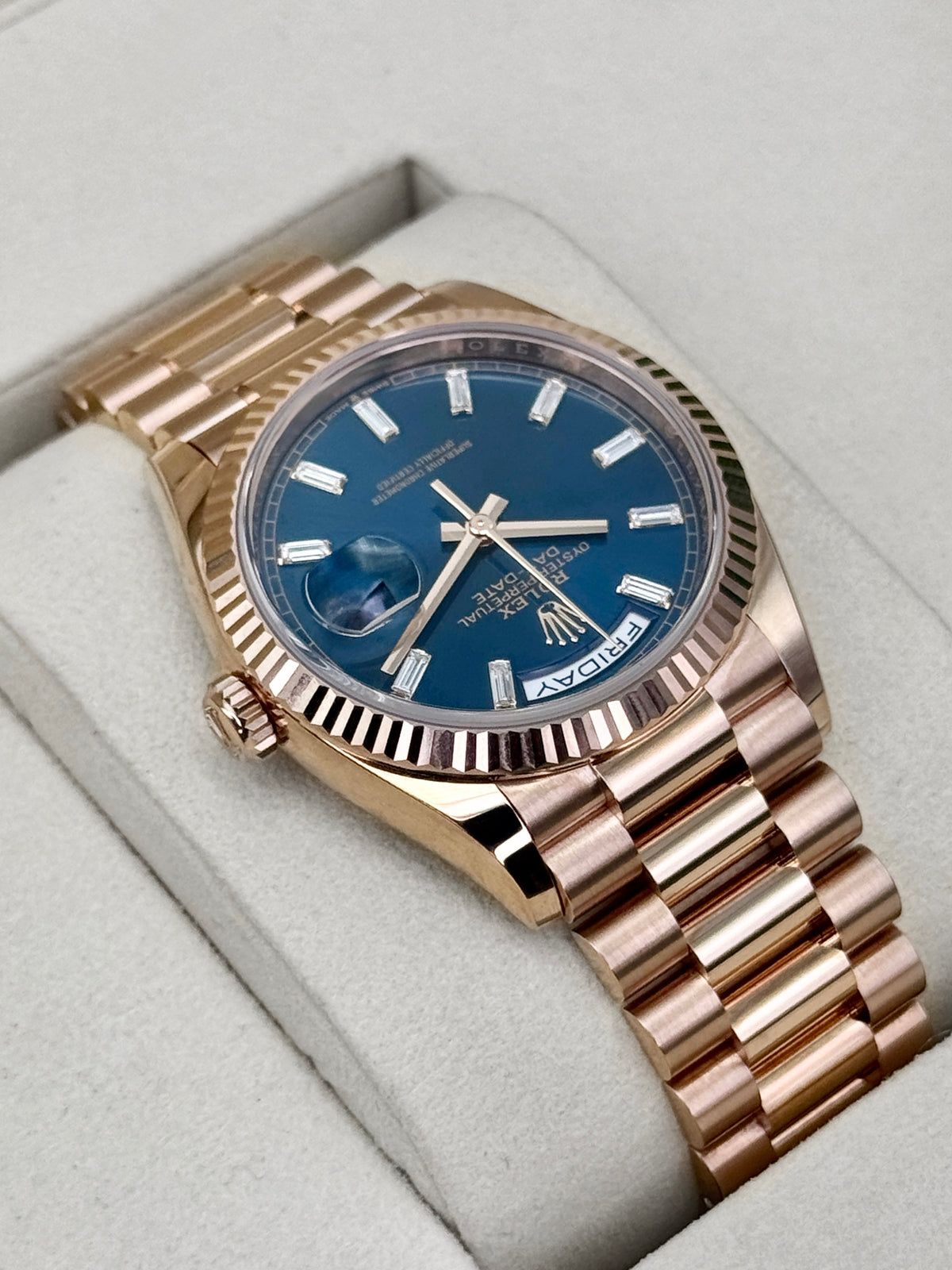 NEW 2026 Rolex Day-Date 36mm 128235 Presidential Rose Gold Blue Baguette Dial