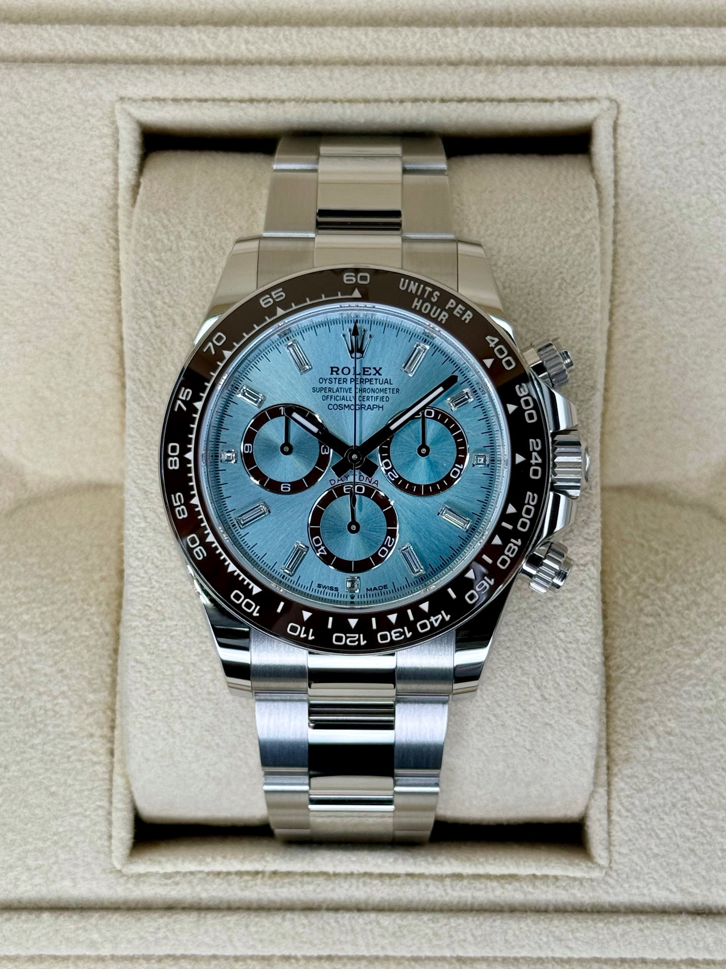 NEW Rolex Daytona 40mm 126506 Platinum Ice Blue Diamond Baguette Dial