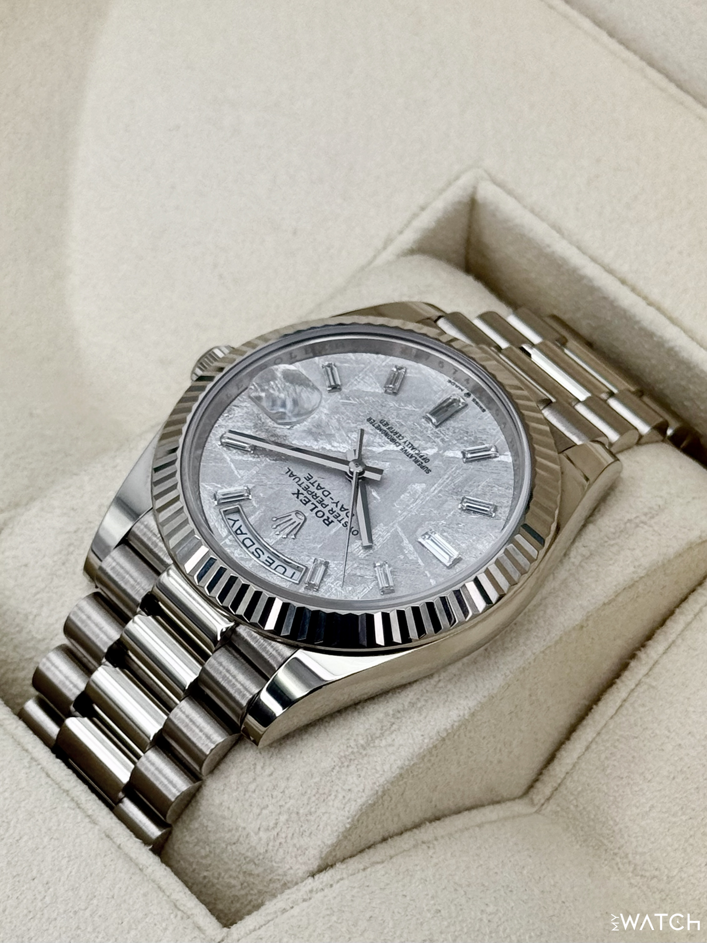 2025 Rolex Day-Date 40mm 228239 Presidential White Gold Meteorite Diamond Dial