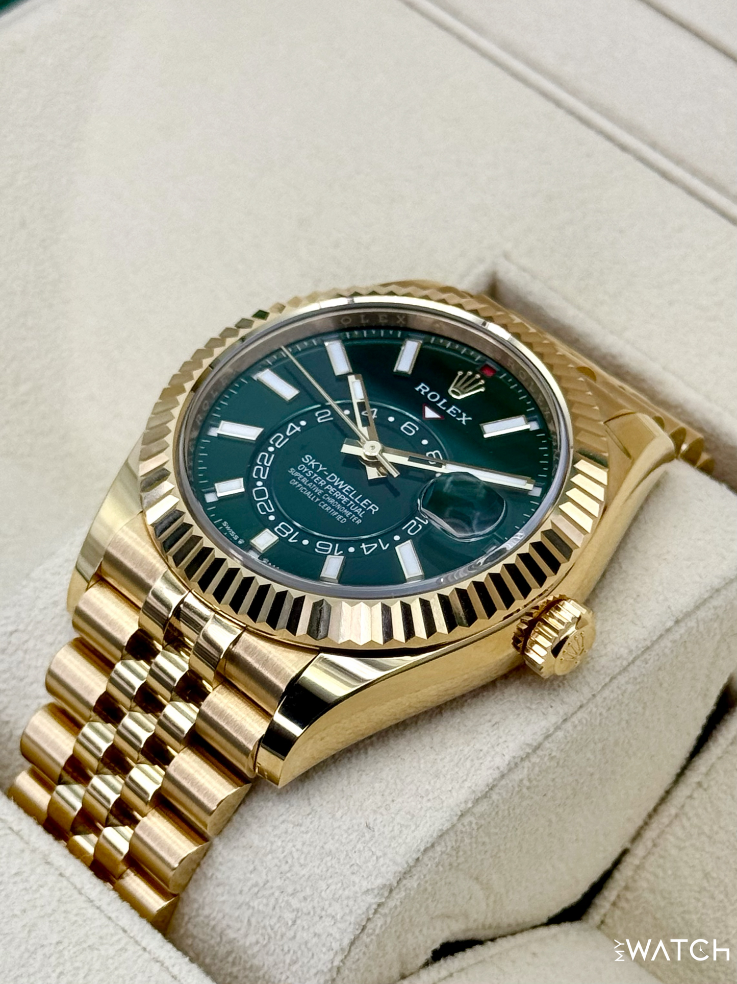2025 Rolex Sky-Dweller 42mm 336938 Yellow Gold Jubilee Green Dial - MyWatchLLC