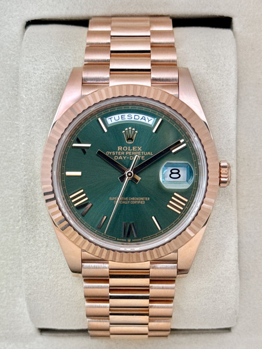 NEW 2025 Rolex Day-Date 40mm 228235 Presidential Rose Gold Olive Green Dial