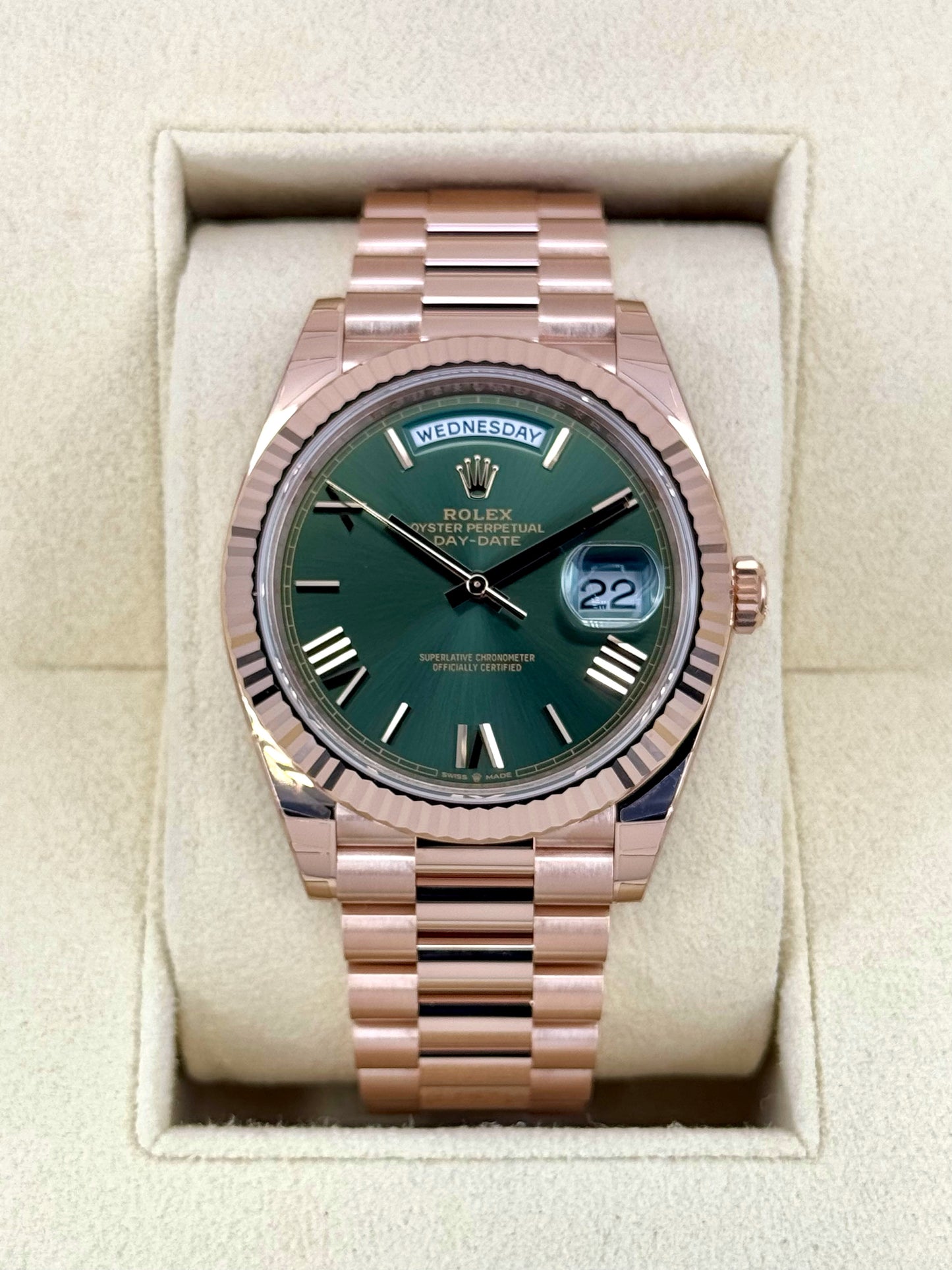 NEW 2025 Rolex Day-Date 40mm 228235 Presidential Rose Gold Olive Dial