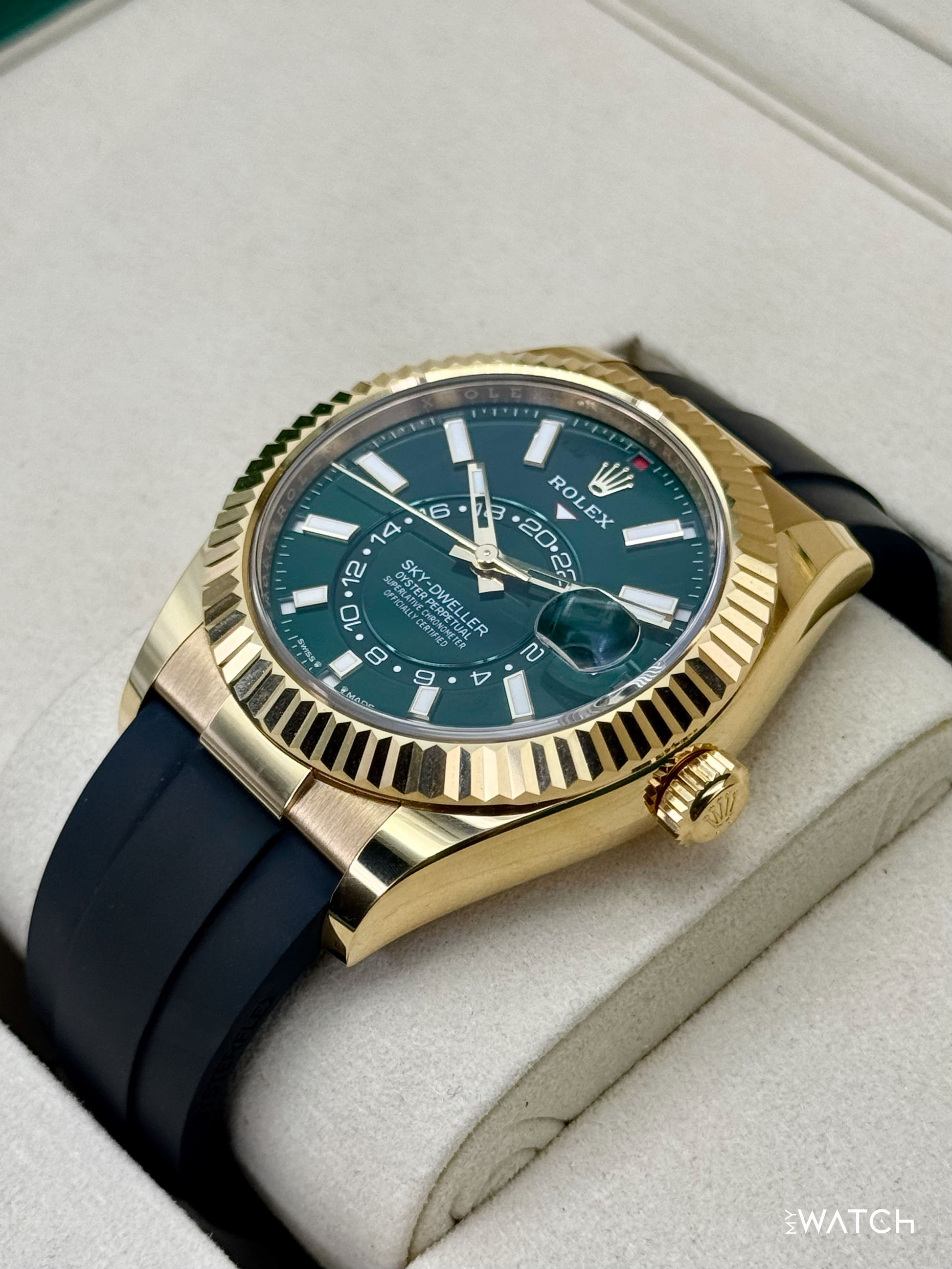 2025 Rolex Sky-Dweller 42mm 336238 Yellow Gold Oysterflex Green Dial - MyWatchLLC