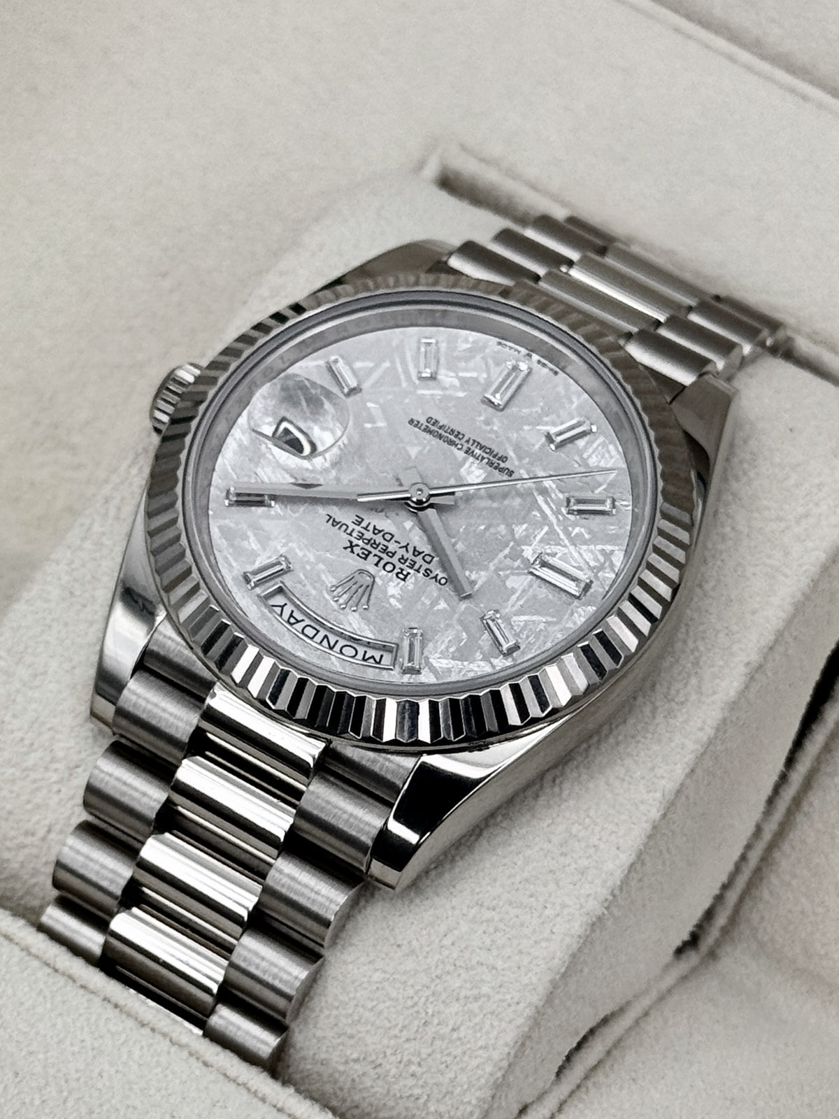 2023 Rolex Day-Date 40mm 228239 Presidential White Gold Meteorite Diamond Dial (CPO)