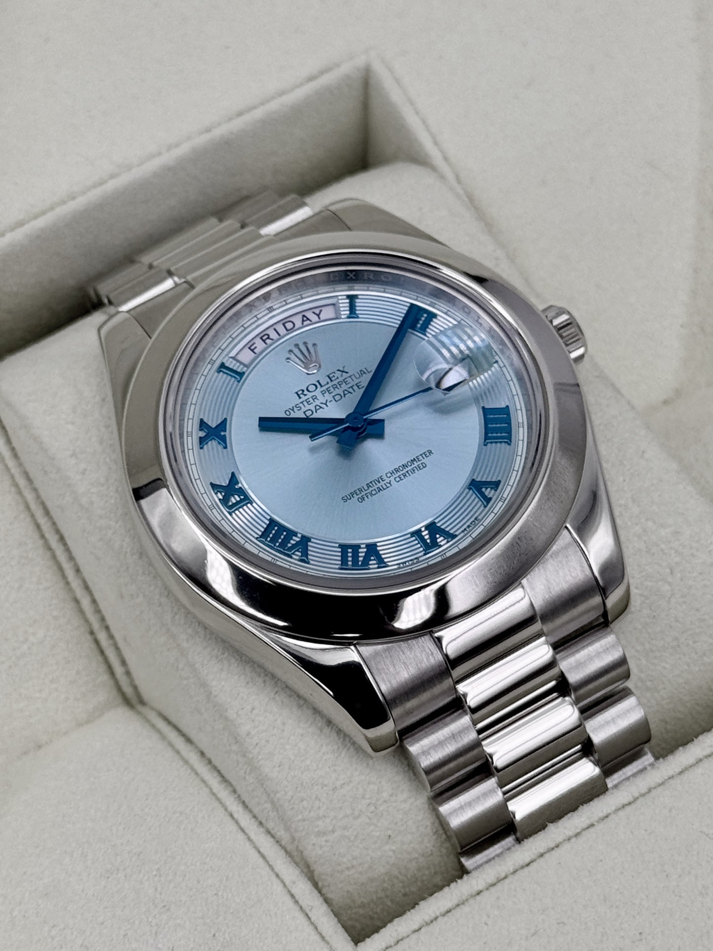 2014 Rolex Day-Date II 41mm 218206 Platinum Ice Blue Roman Numeral Dial