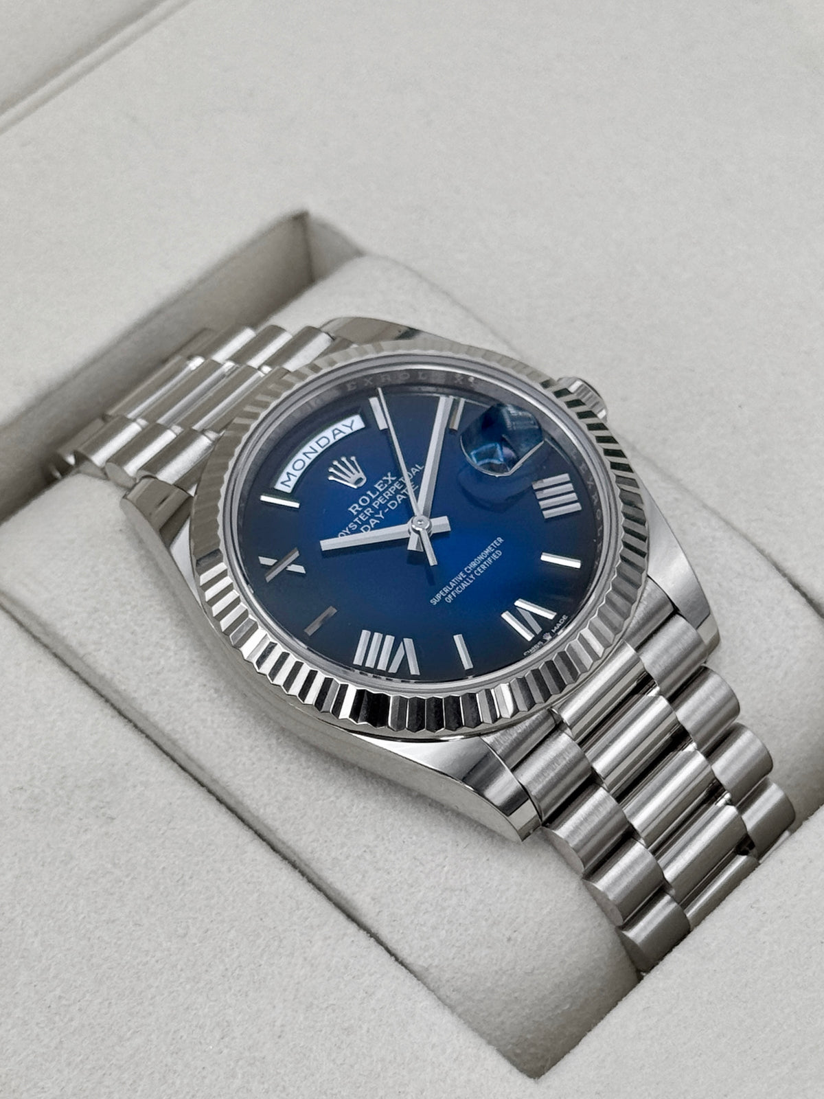 NEW 2026 Rolex Day-Date 40mm 228239 Presidential White Gold Blue Ombre Dial