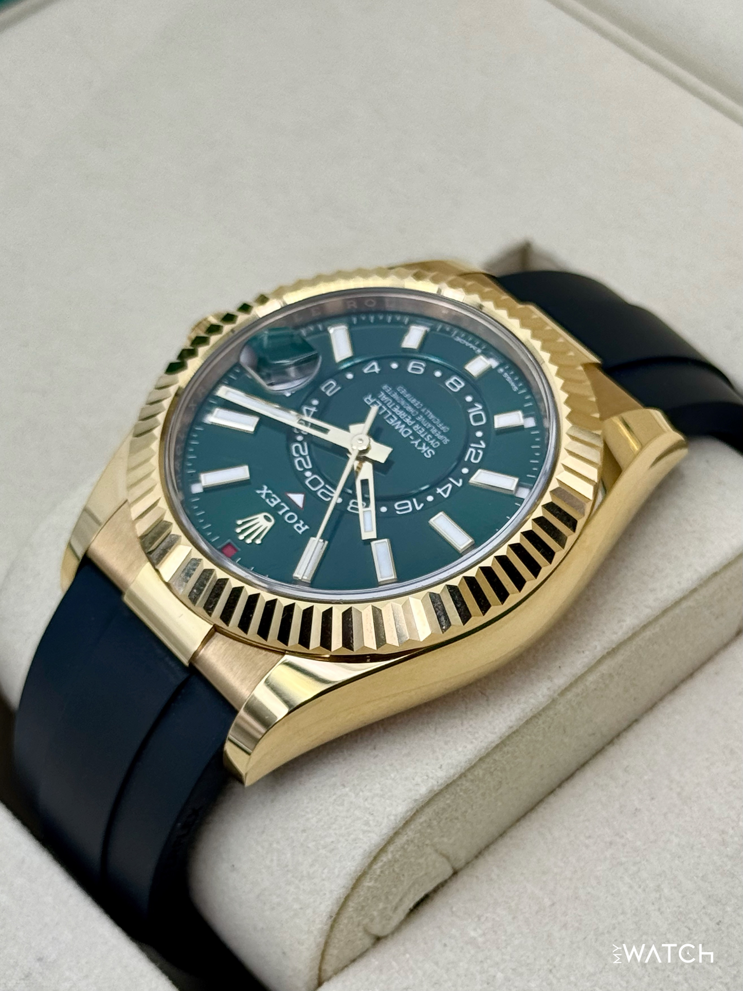 2025 Rolex Sky-Dweller 42mm 336238 Yellow Gold Oysterflex Green Dial - MyWatchLLC