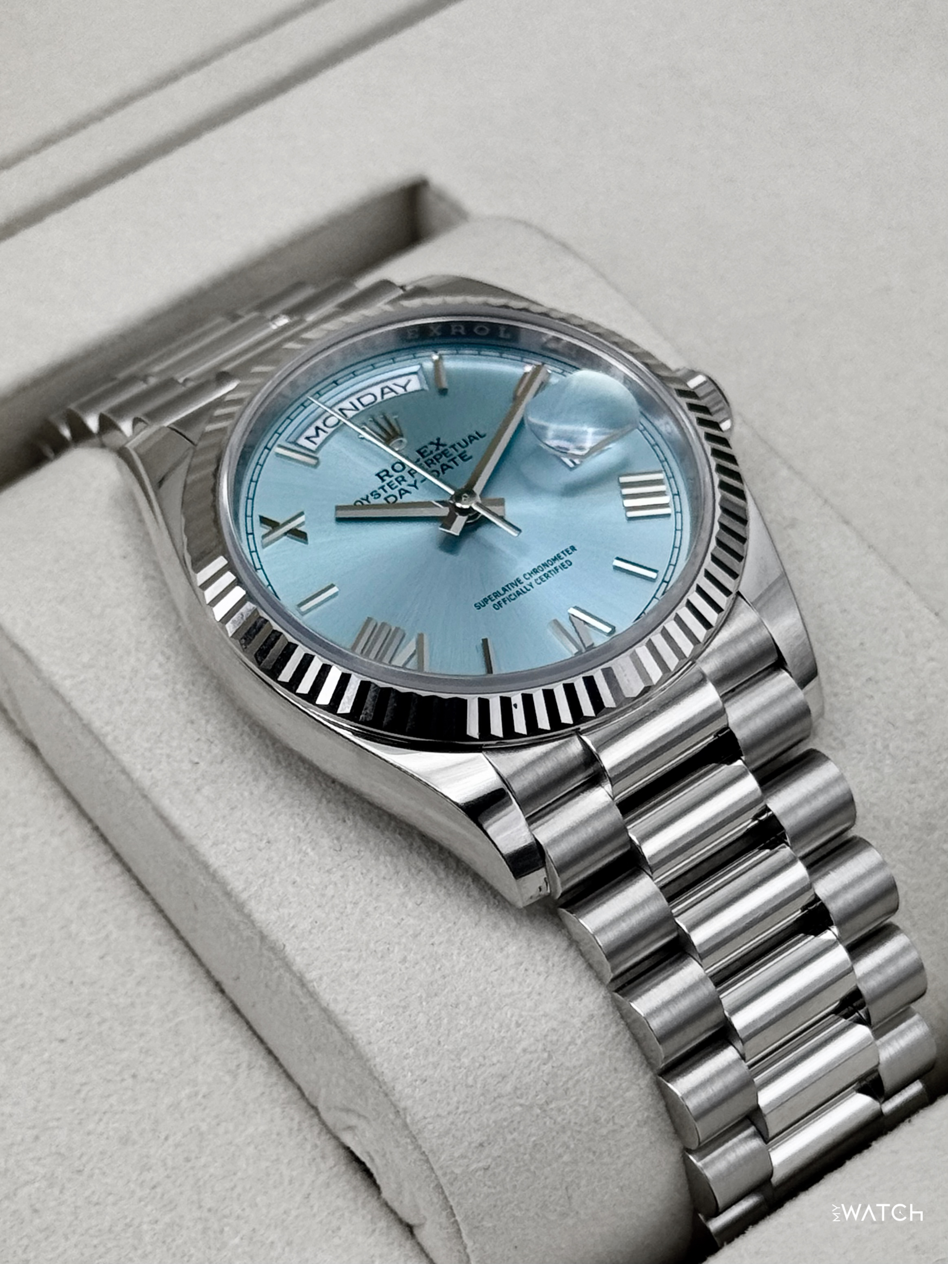 NEW 2026 Rolex Day-Date Platinum 36mm 128236 Ice Blue Roman Dial - MyWatchLLC