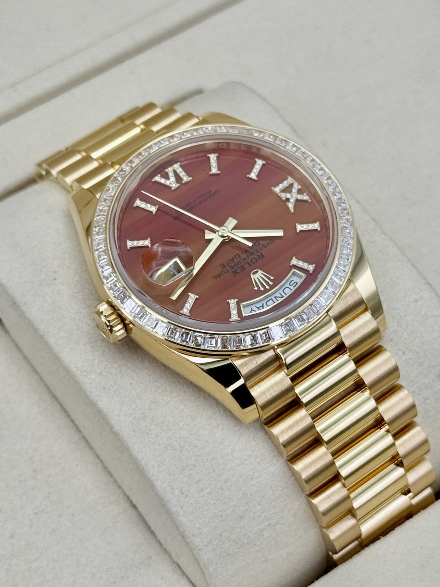 NEW 2026 Rolex Day-Date 36mm 128398TBR Presidential Yellow Gold Carnelian Diamond Dial