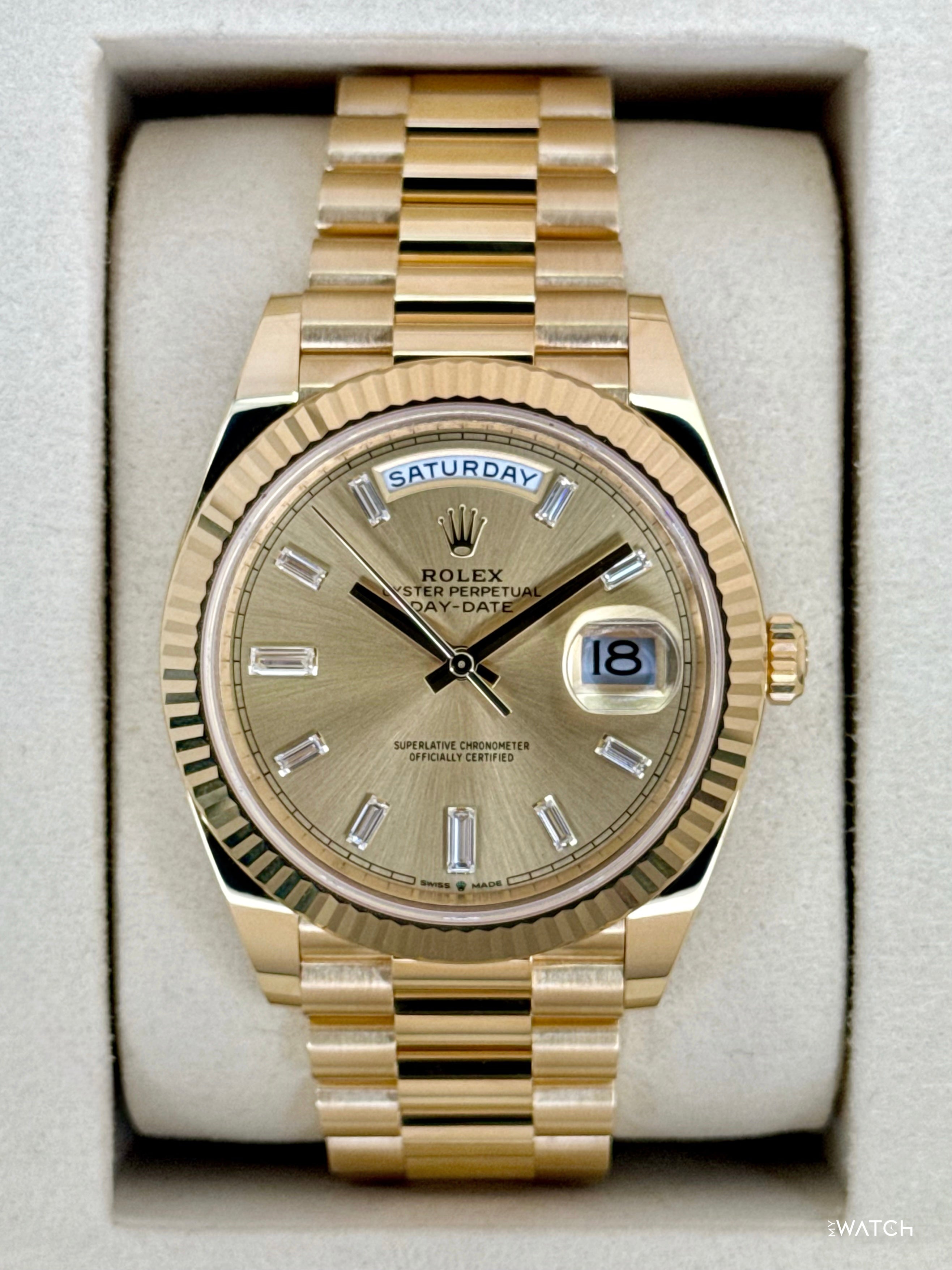 NEW 2026 Rolex Day-Date 40mm 228238 Champagne Diamond Baguette Dial