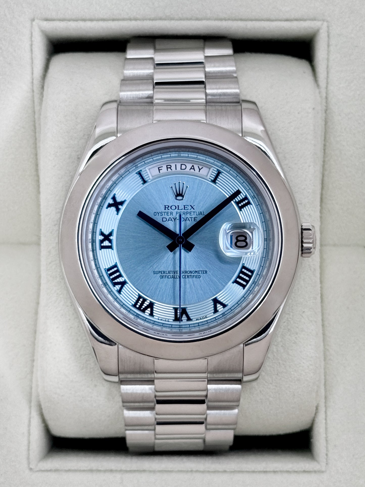 2014 Rolex Day-Date II 41mm 218206 Platinum Ice Blue Roman Numeral Dial