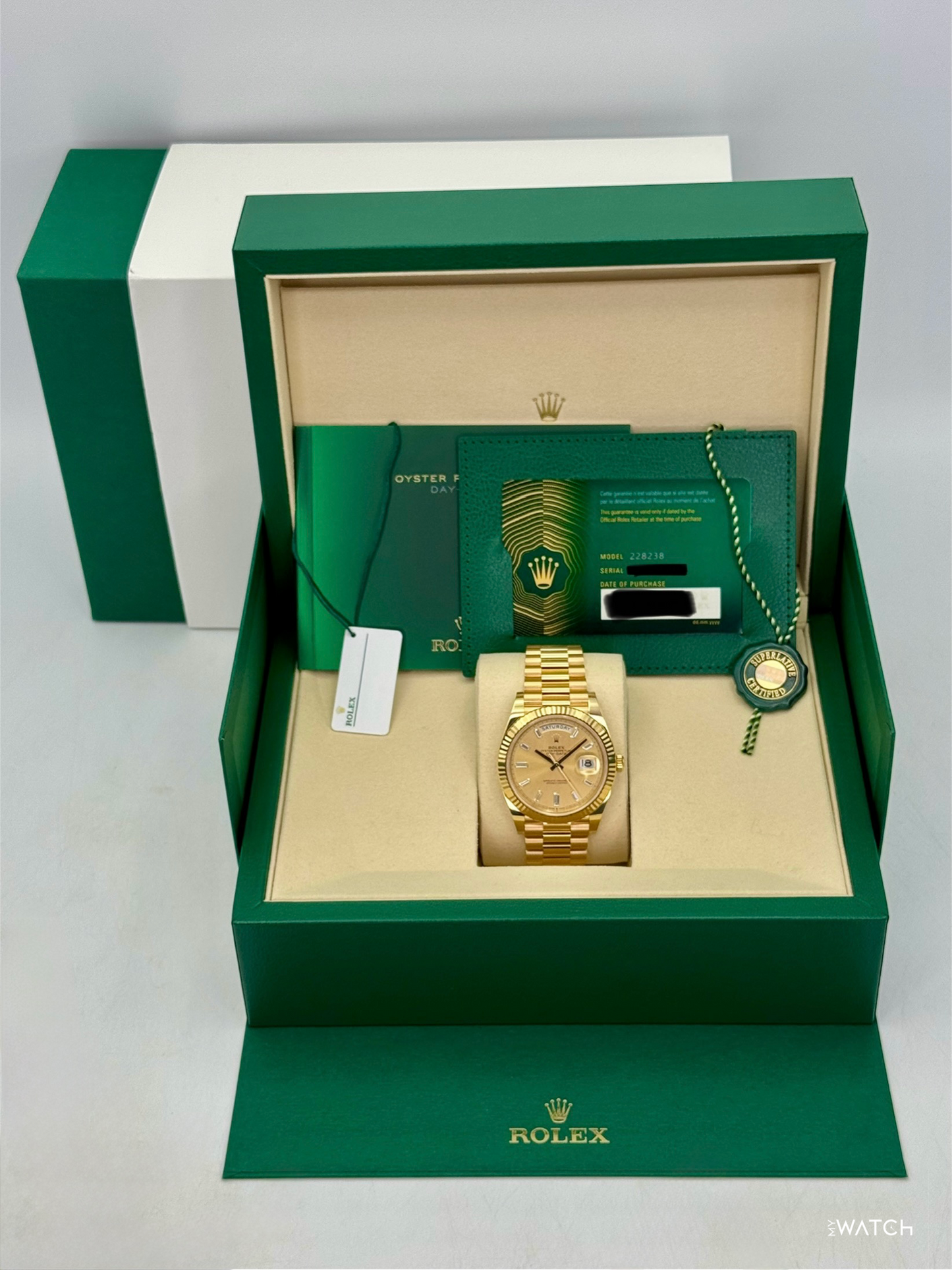 NEW 2026 Rolex Day-Date 40mm 228238 Champagne Diamond Baguette Dial - MyWatchLLC