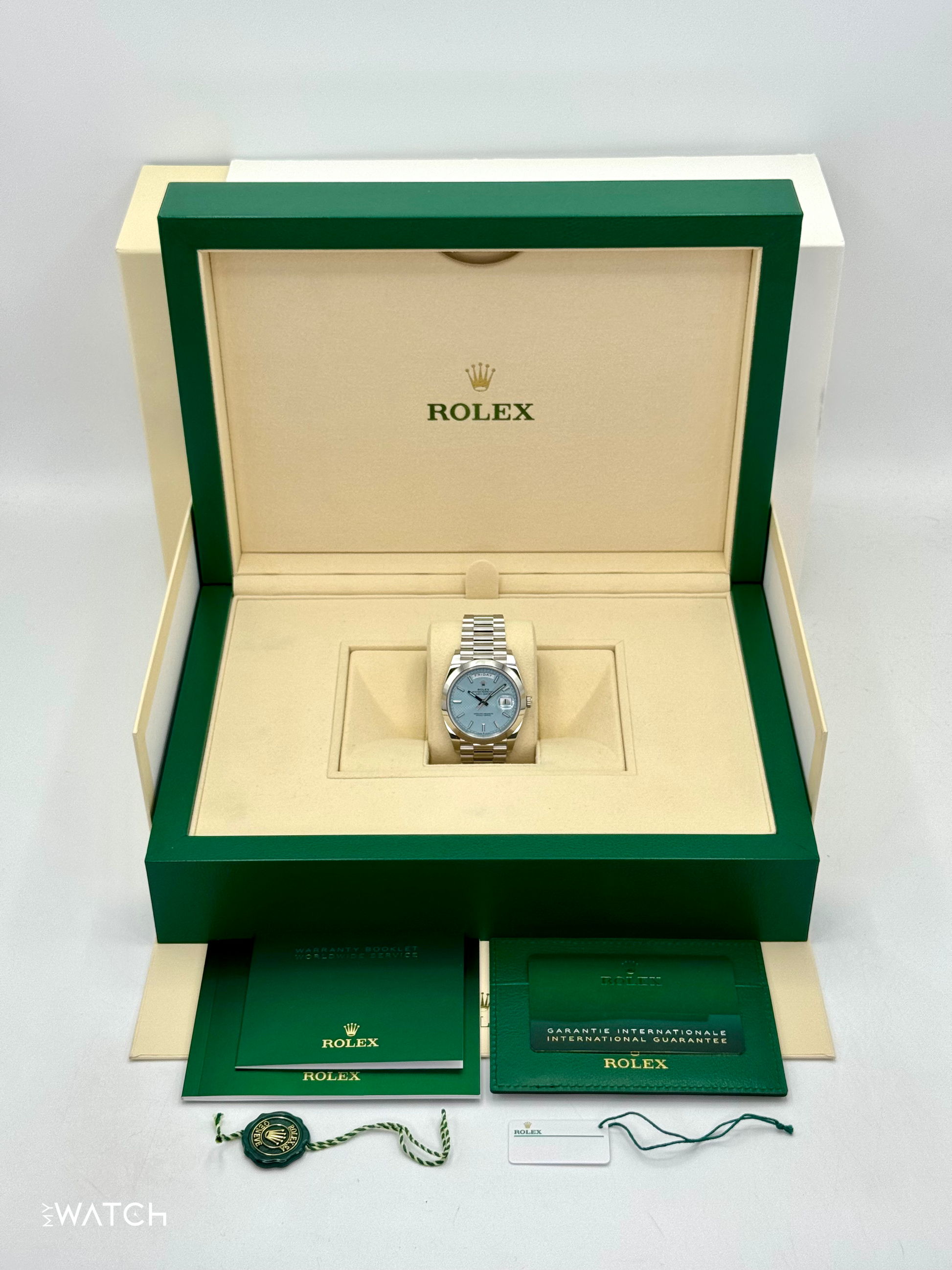 2024 Rolex Day-Date 40mm 228206 Platinum Blue Motif Dial - MyWatchLLC