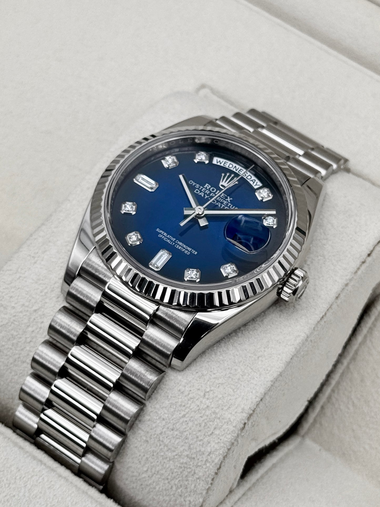 2024 Rolex Day-Date 36mm 128239 Presidential White Gold Blue Ombre Diamond Dial