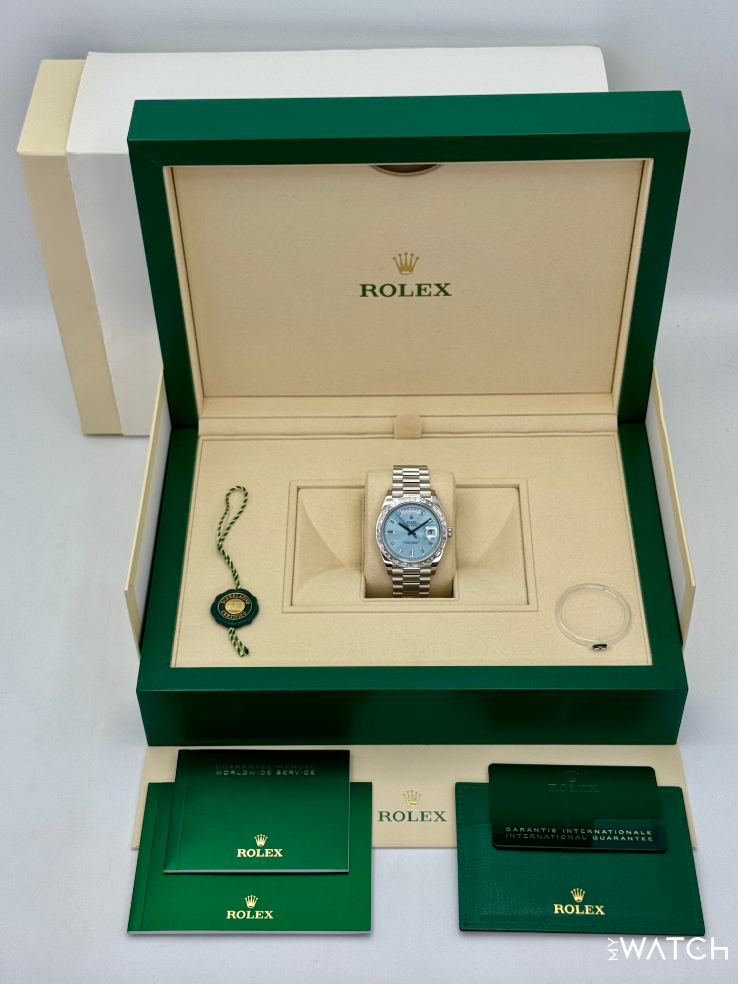 2022 Rolex Day-Date 40mm 228396TBR Ice Blue Diamond Baguette Dial