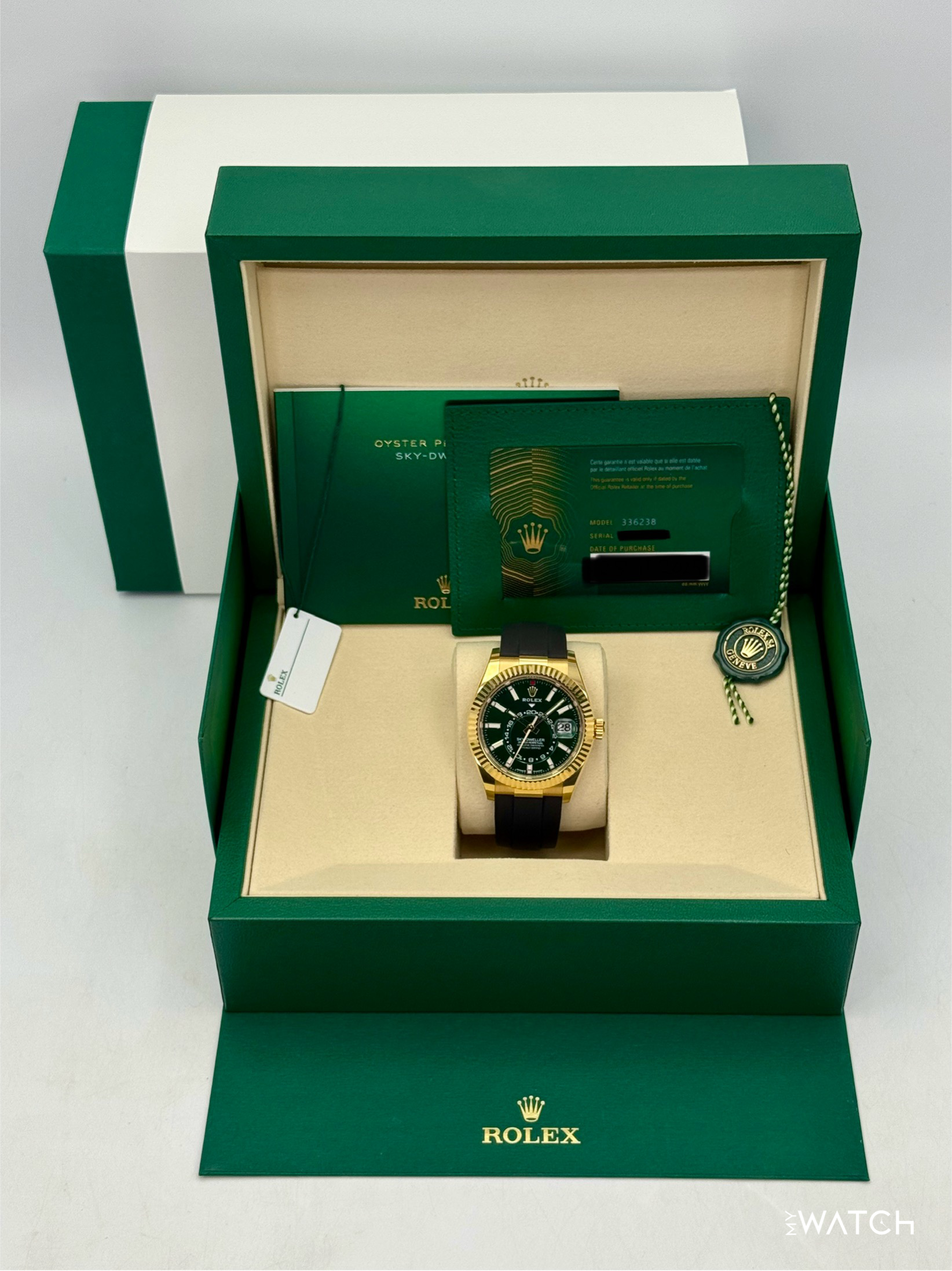 2025 Rolex Sky-Dweller 42mm 336238 Yellow Gold Oysterflex Green Dial - MyWatchLLC