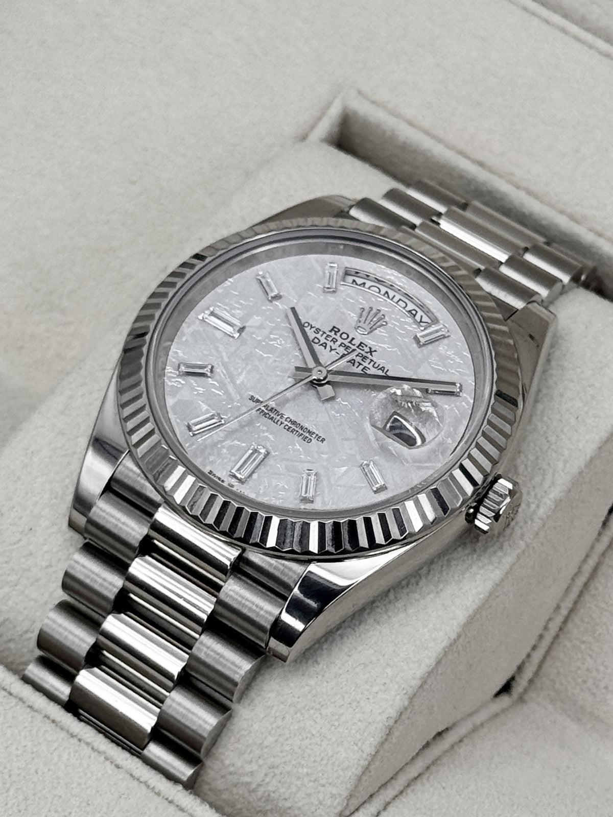 2023 Rolex Day-Date 40mm 228239 Presidential White Gold Meteorite Diamond Dial (CPO)