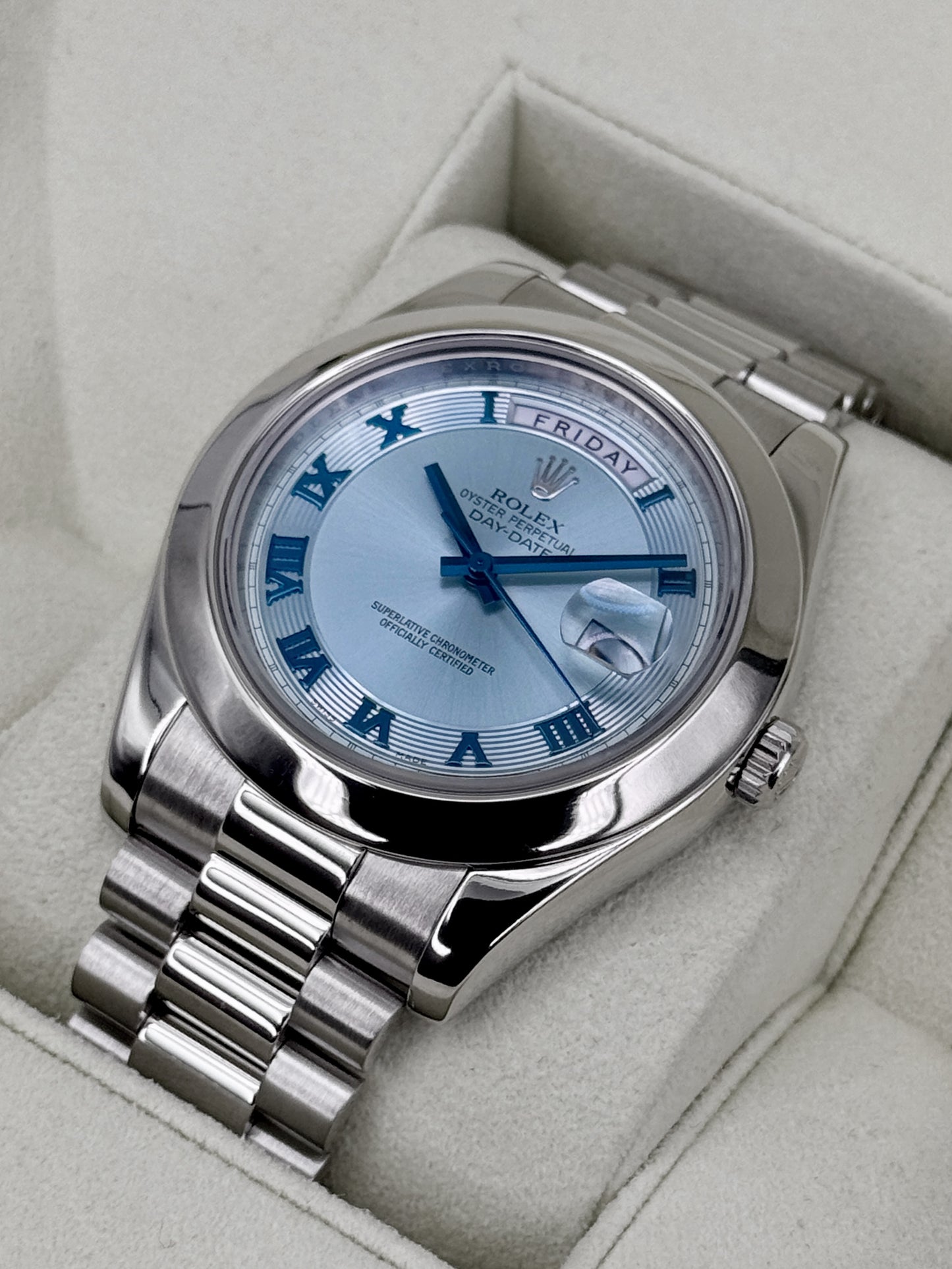 2014 Rolex Day-Date II 41mm 218206 Platinum Ice Blue Roman Numeral Dial