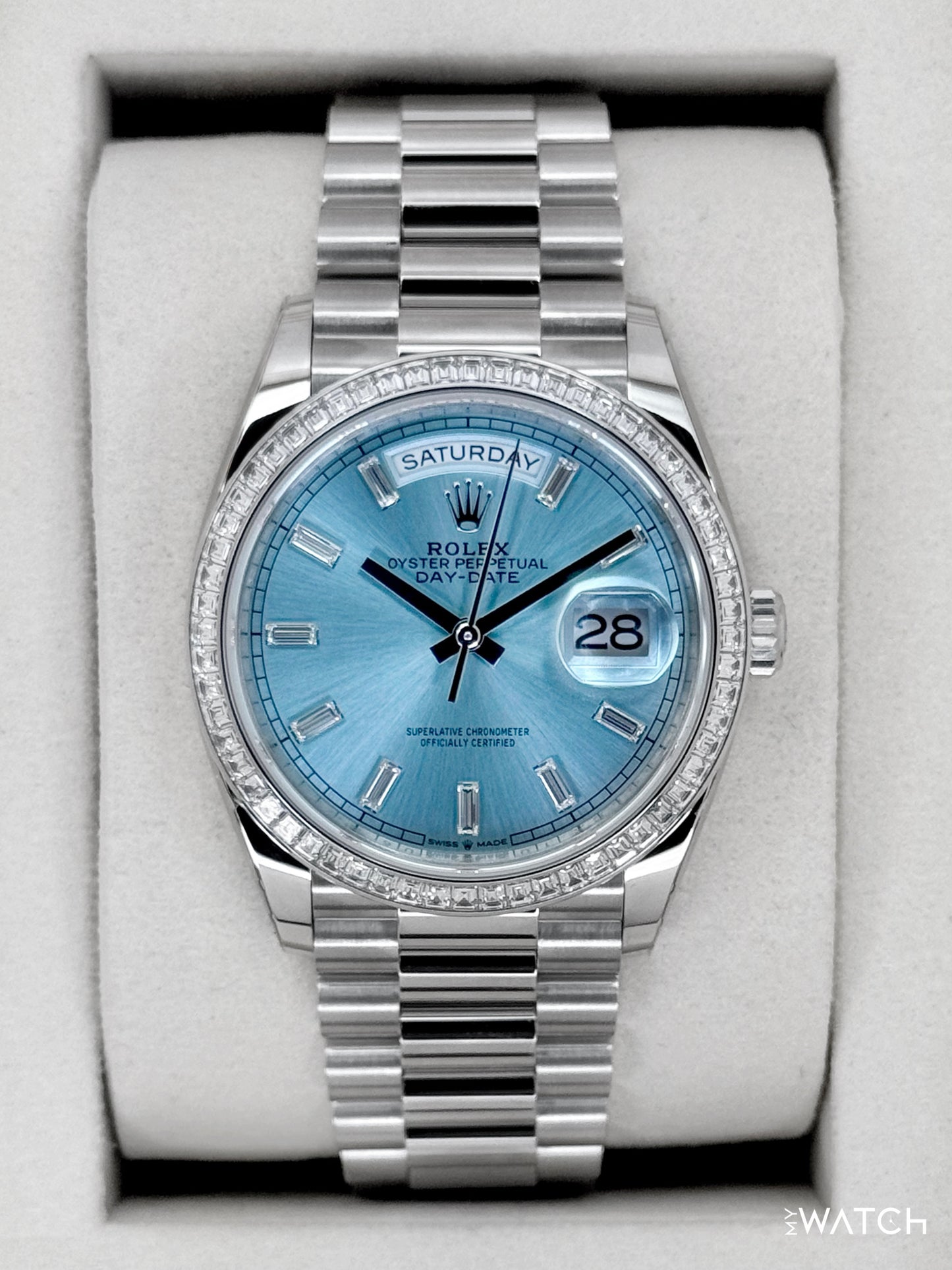NEW 2025 Rolex Day-Date 36mm 128396TBR Ice Blue Diamond Baguette Dial