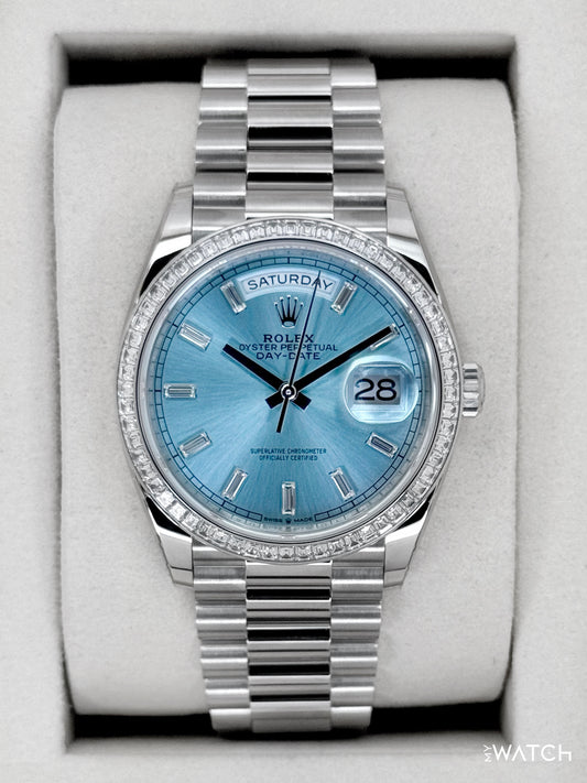 NEW 2025 Rolex Day-Date 36mm 128396TBR Ice Blue Diamond Baguette Dial