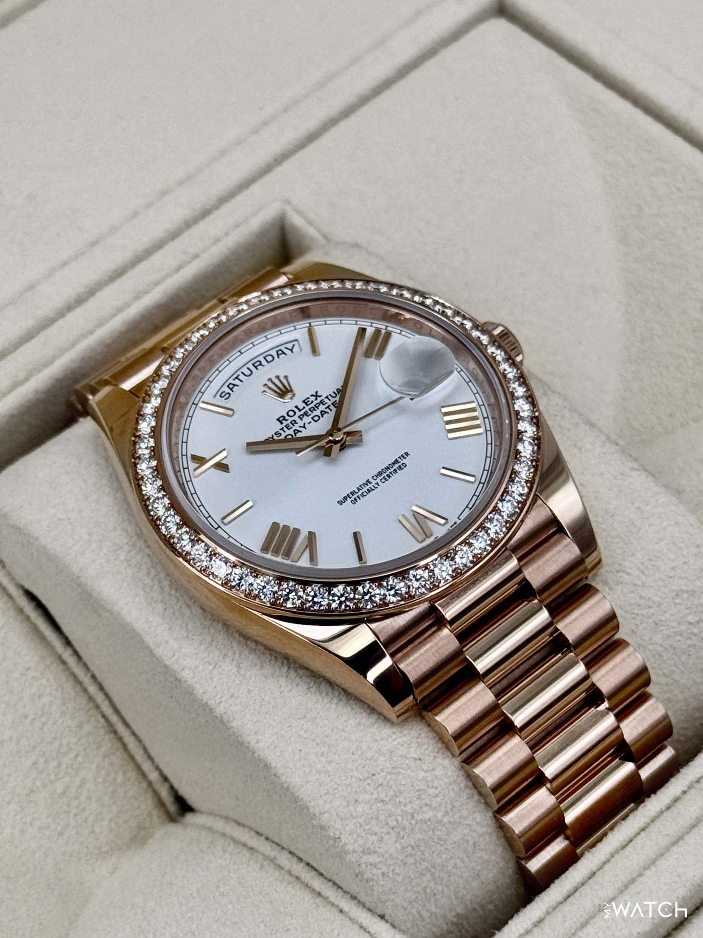 2022 Rolex Day-Date 40mm 228345RBR Rose Gold White Dial (CPO) - MyWatchLLC