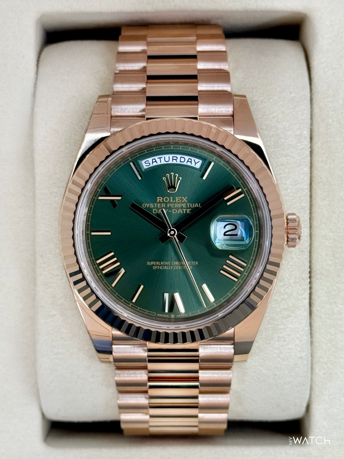 NEW 2025 Rolex Day-Date 40mm 228235 Presidential Rose Gold Olive Green Dial (STICKERED) - MyWatchLLC