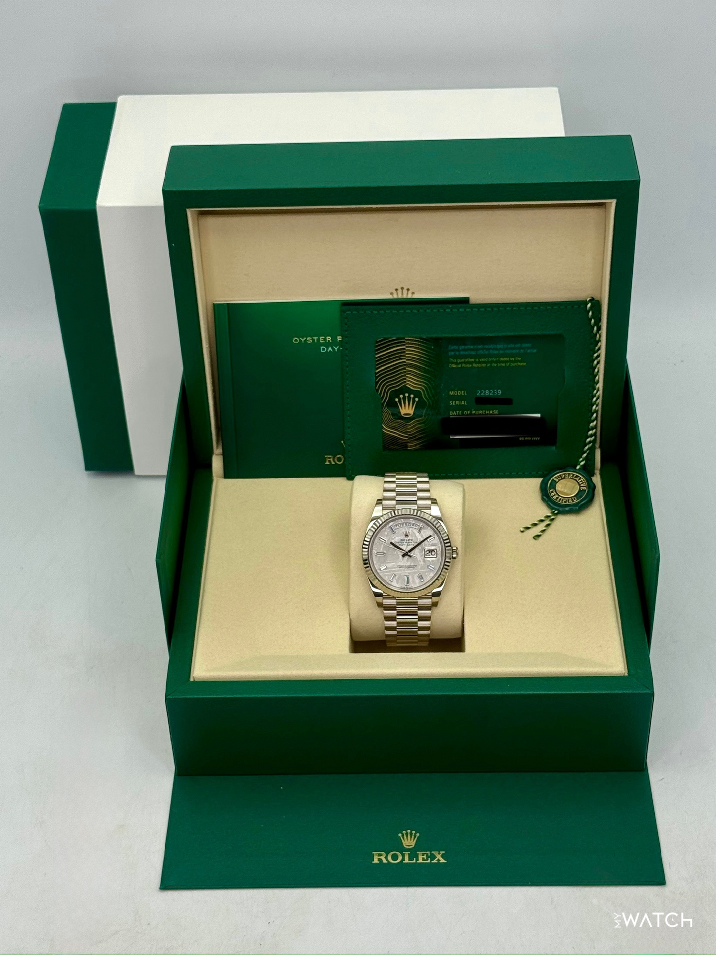 NEW 2026 Rolex Day-Date 40mm 228239 Presidential White Gold Meteorite Diamond Dial - MyWatchLLC